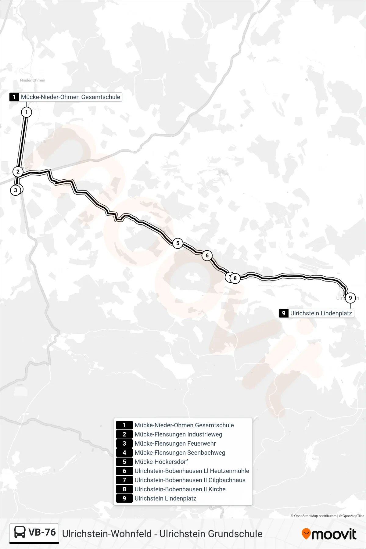 Linie VB-76 (Bus) Richtung Ulrichstein Lindenplatz: Route und Haltestellen auf der Karte