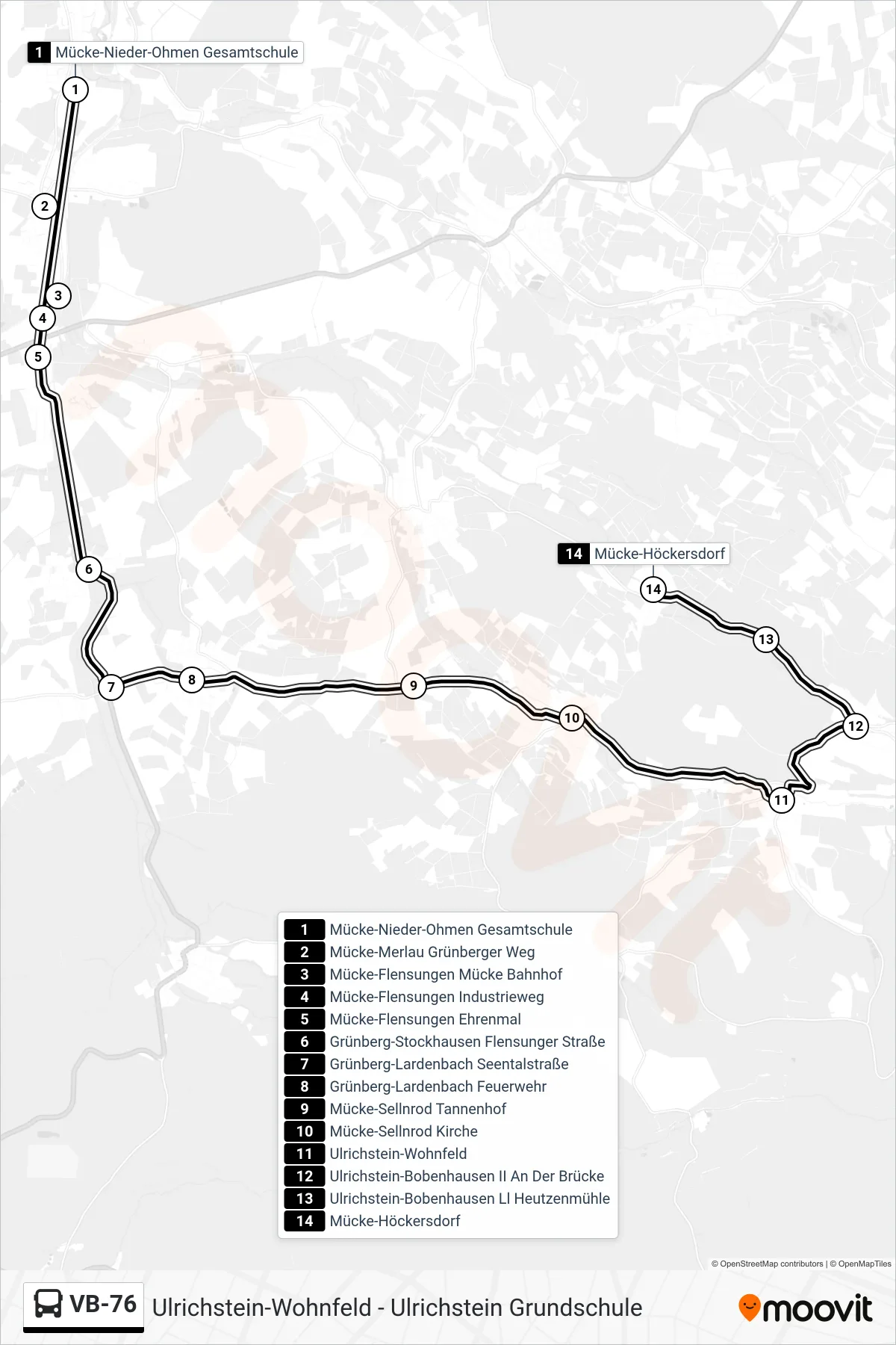 Linie VB-76 (Bus) Richtung Mücke-Höckersdorf: Route und Haltestellen auf der Karte