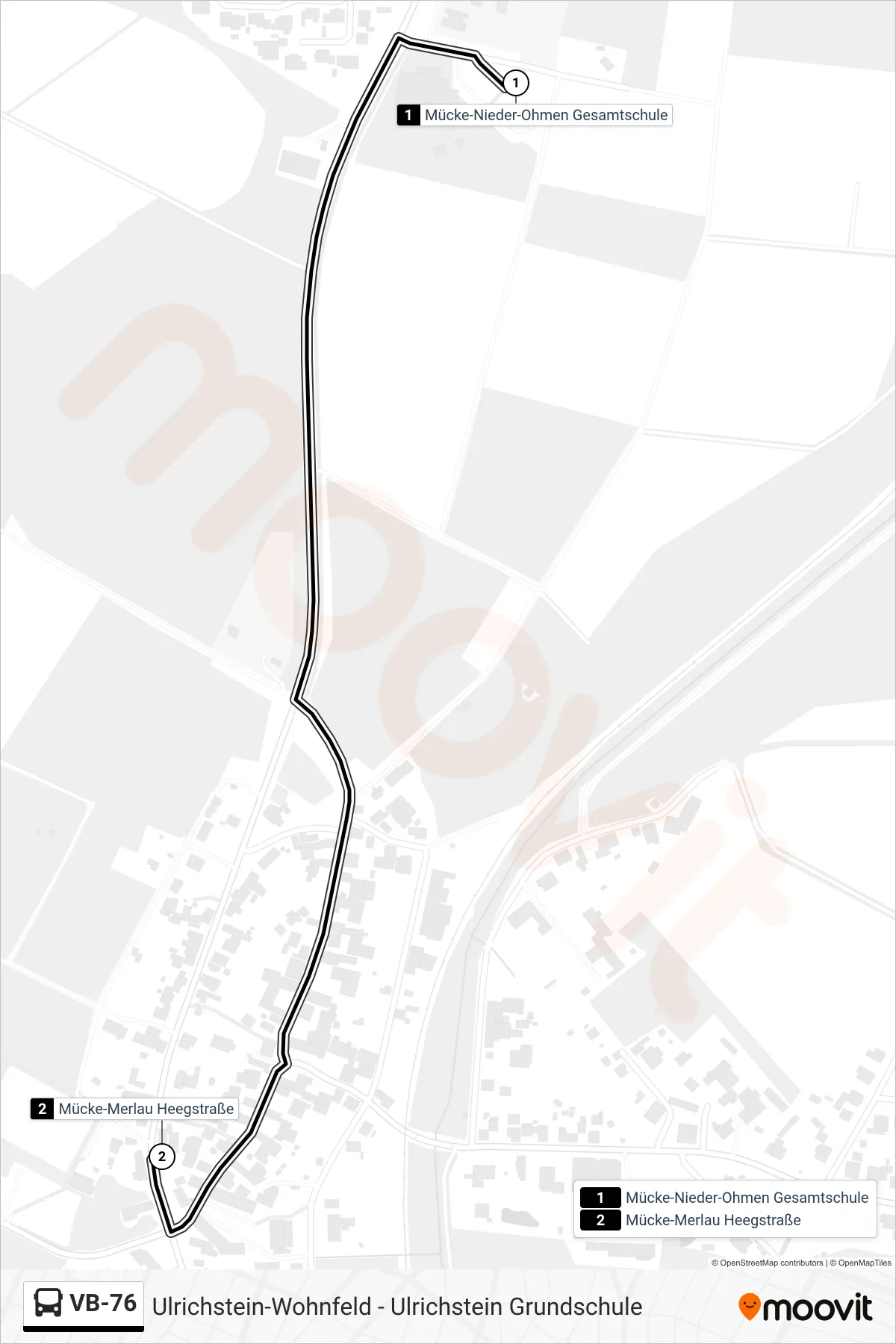 Linie VB-76 (Bus) Richtung Mücke-Merlau Heegstraße: Route und Haltestellen auf der Karte