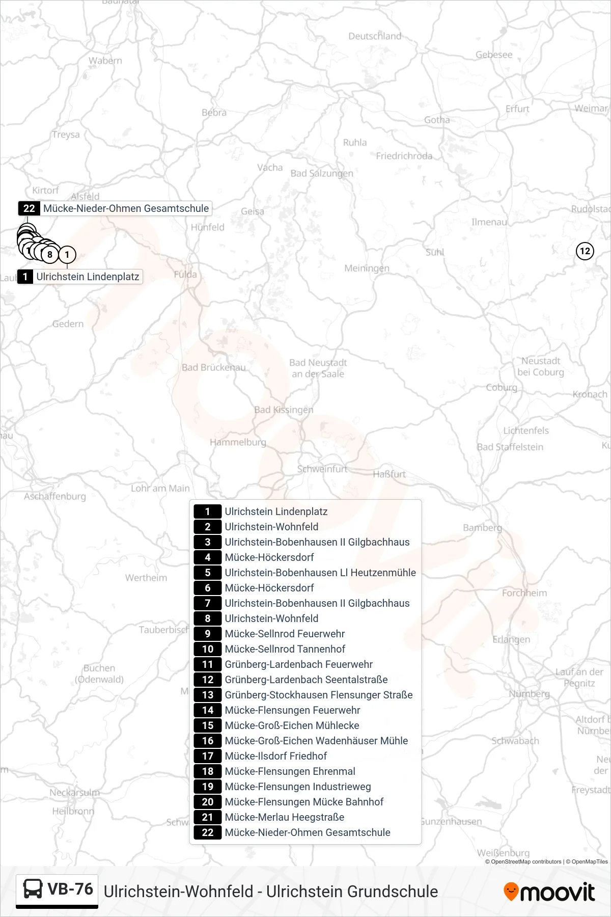 VB-76 bus Line (Mücke-Nieder-Ohmen Gesamtschule) route and stops on a map