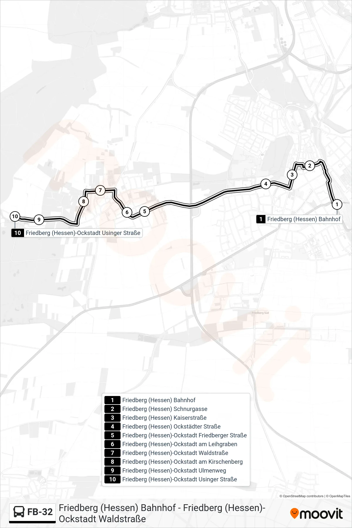FB-32 bus Line (Friedberg (Hessen)-Ockstadt Usinger Straße) route and stops on a map