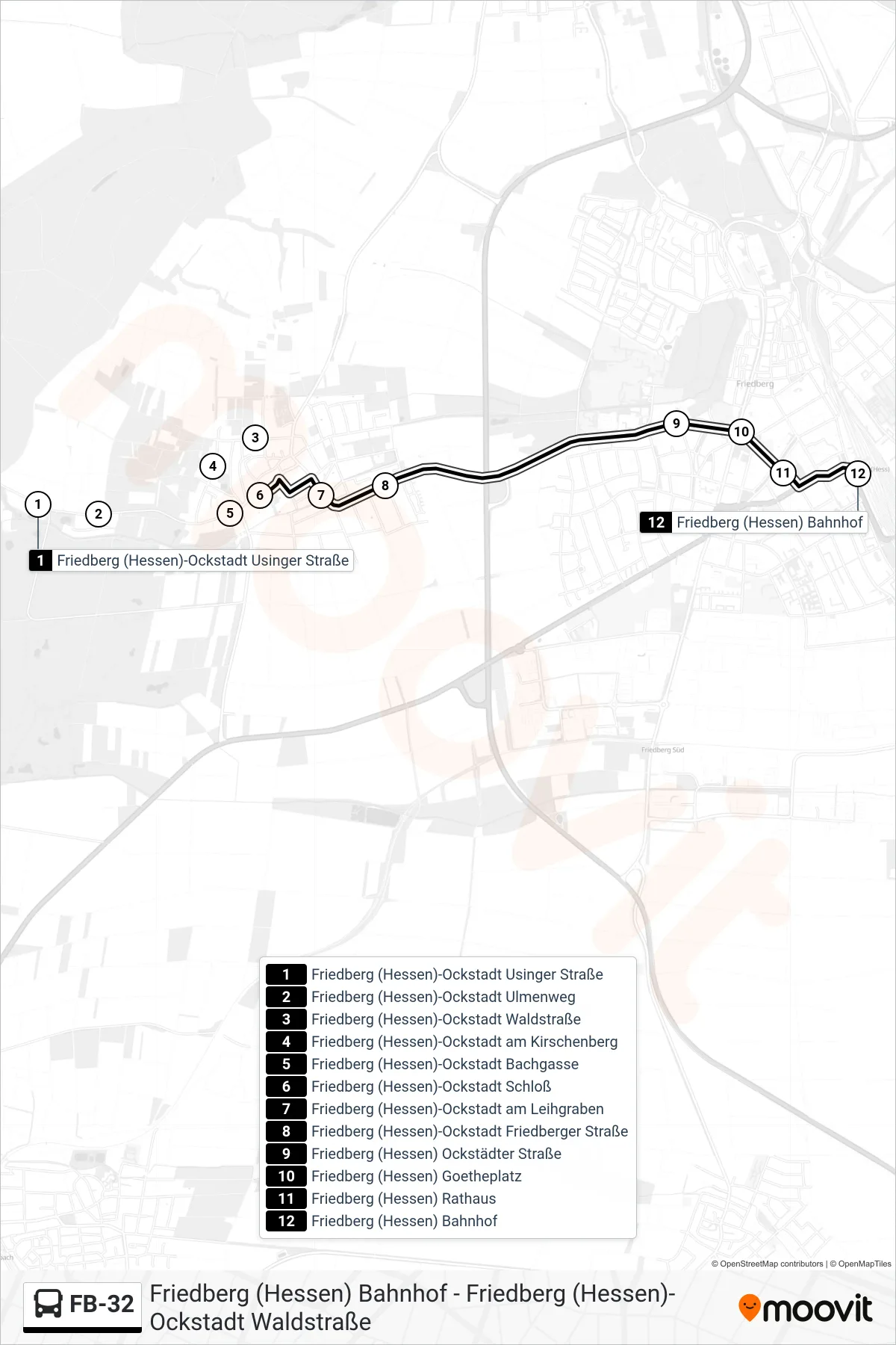 FB-32 bus Line (Friedberg (Hessen) Bahnhof) route and stops on a map