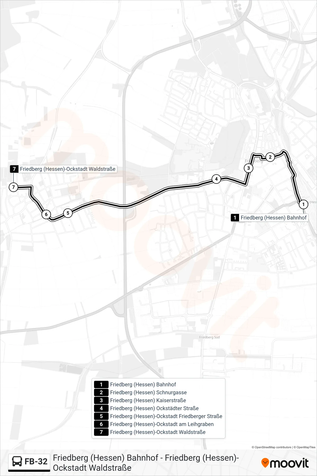 Linie FB-32 (Bus) Richtung Friedberg (Hessen)-Ockstadt Waldstraße: Route und Haltestellen auf der Karte
