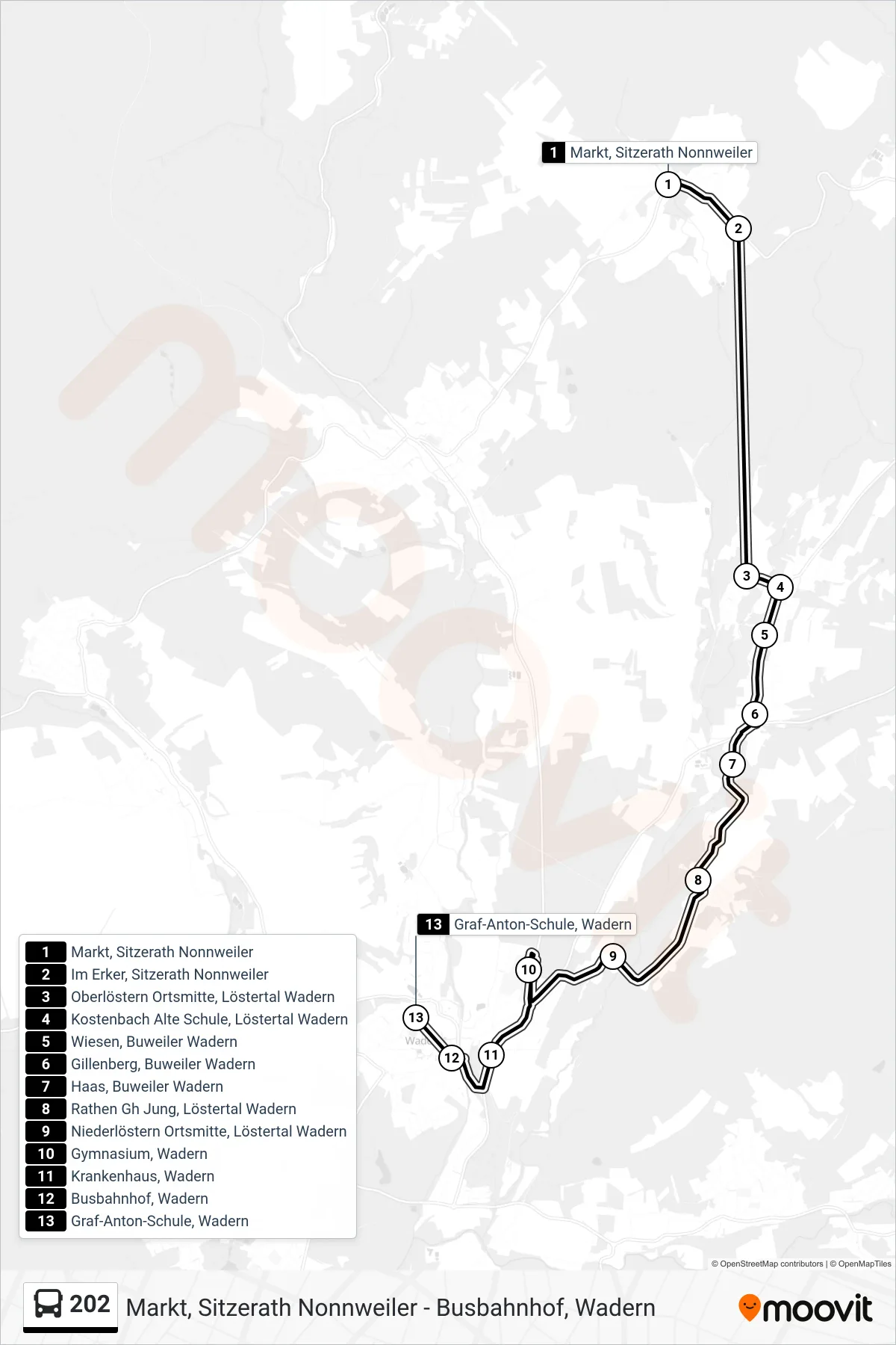 202 bus Line (Graf-Anton-Schule, Wadern) route and stops on a map