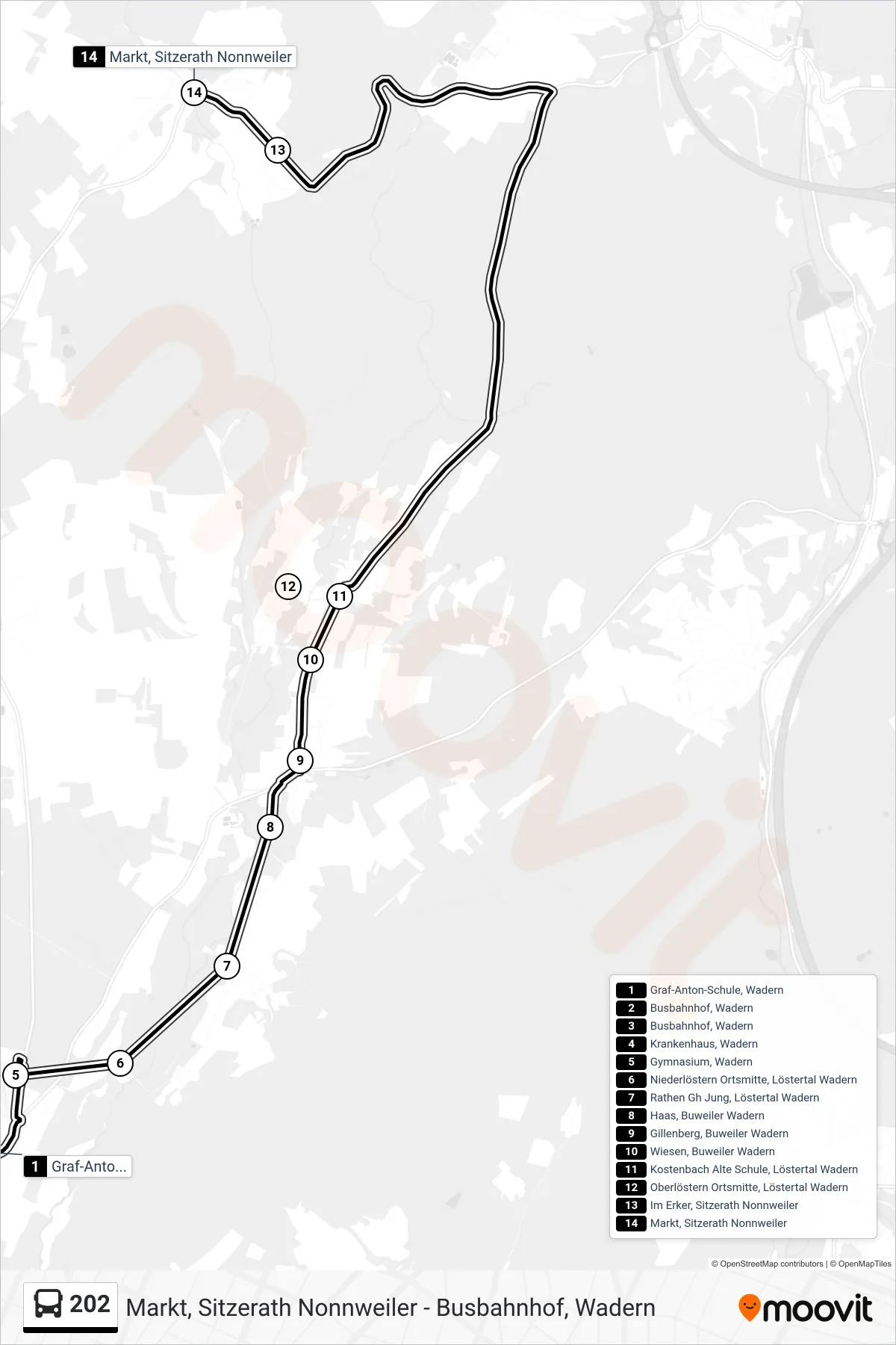 202 bus Line (Markt, Sitzerath Nonnweiler) route and stops on a map