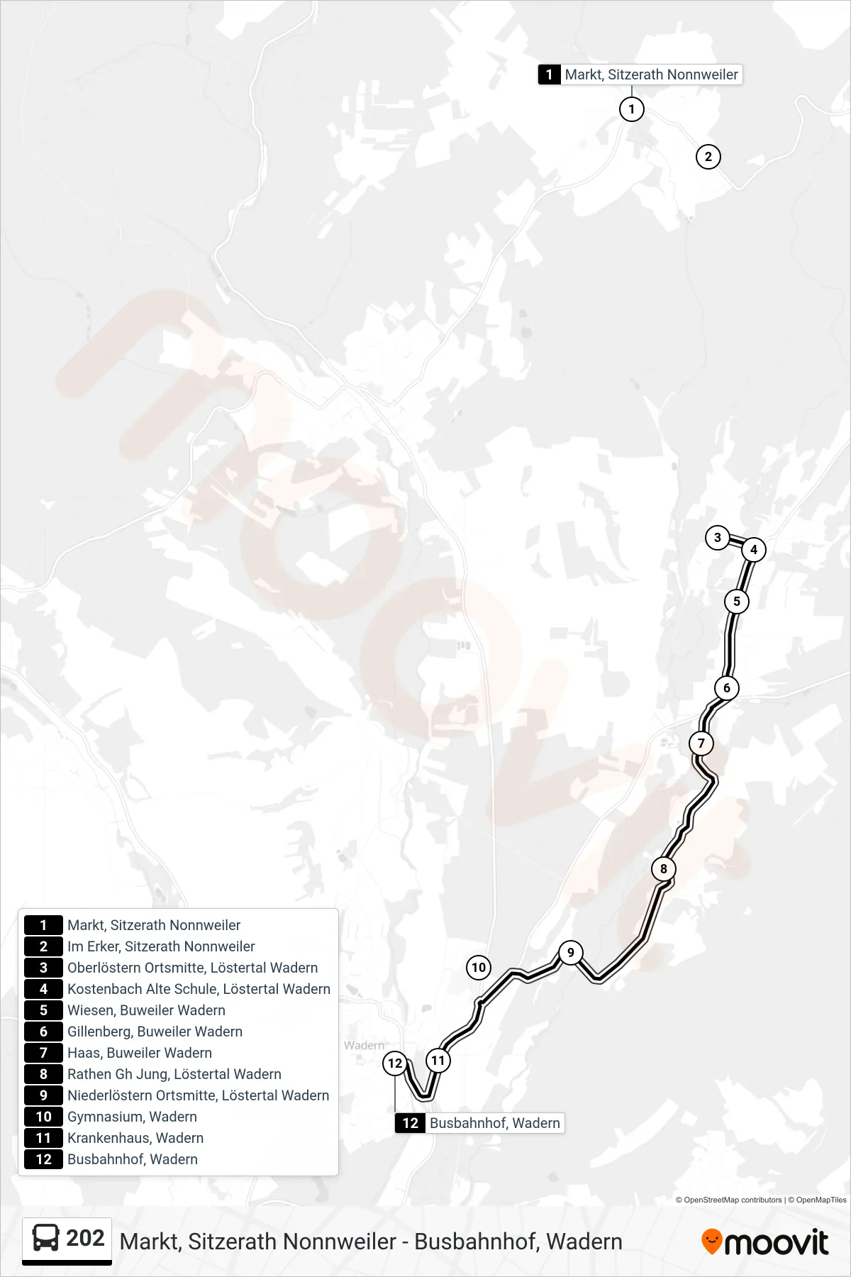 202 bus Line (Busbahnhof, Wadern) route and stops on a map