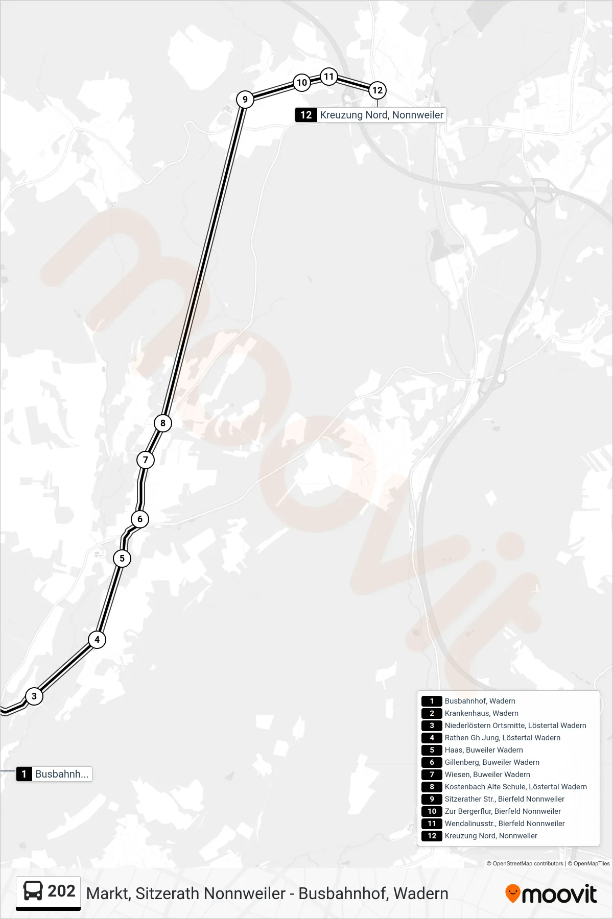 202 bus Line (Kreuzung Nord, Nonnweiler) route and stops on a map