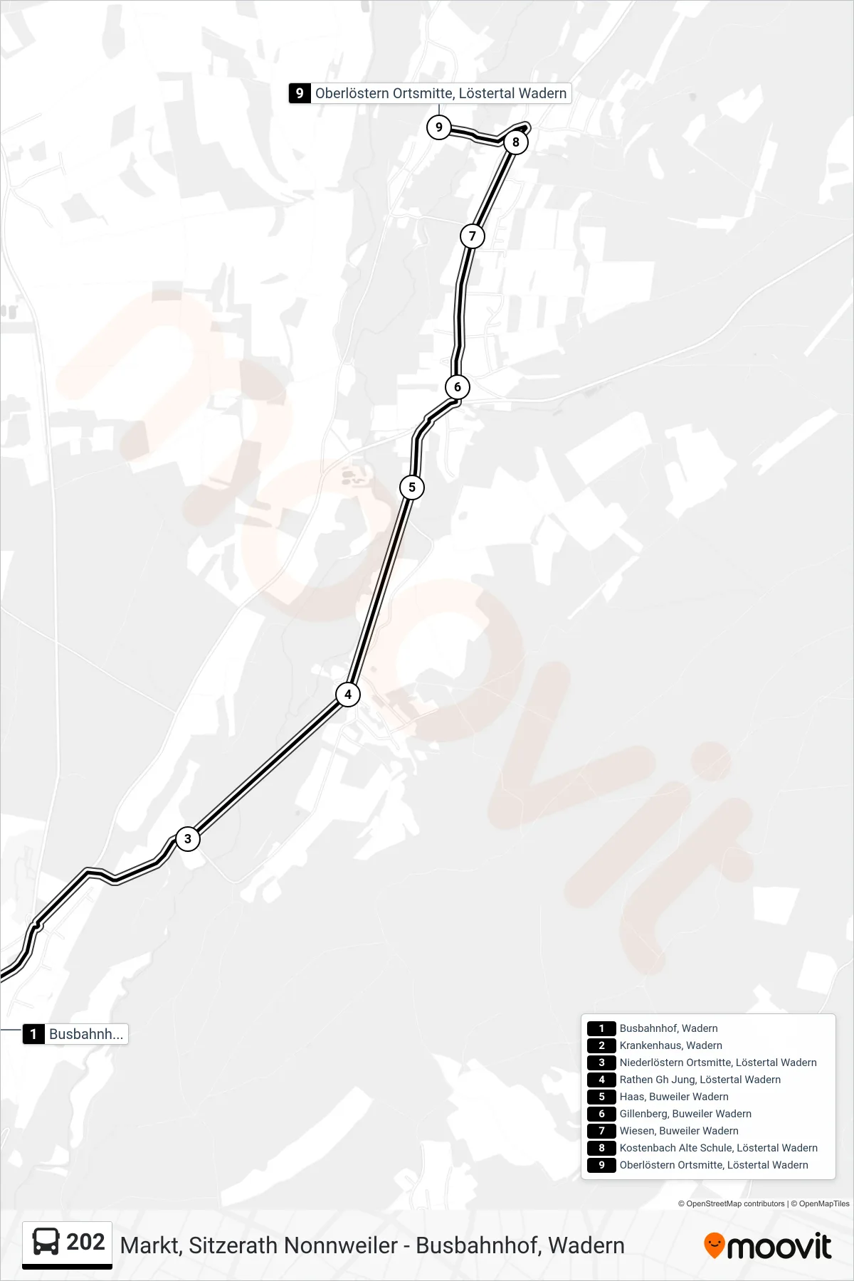 202 bus Line (Löstertal) route and stops on a map