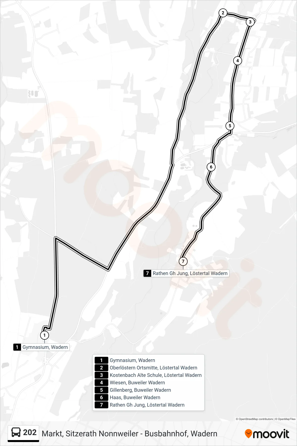 202 bus Line (Rathen Gh Jung, Löstertal Wadern) route and stops on a map