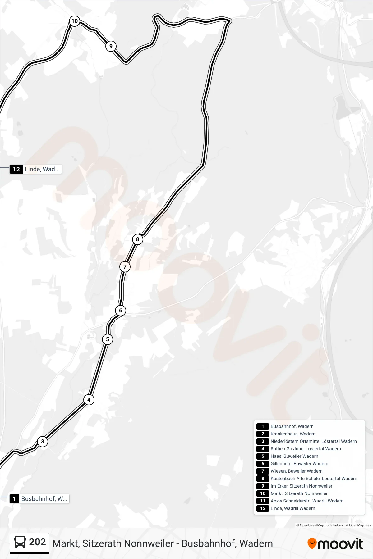 202 bus Line (Wadrill Linde) route and stops on a map