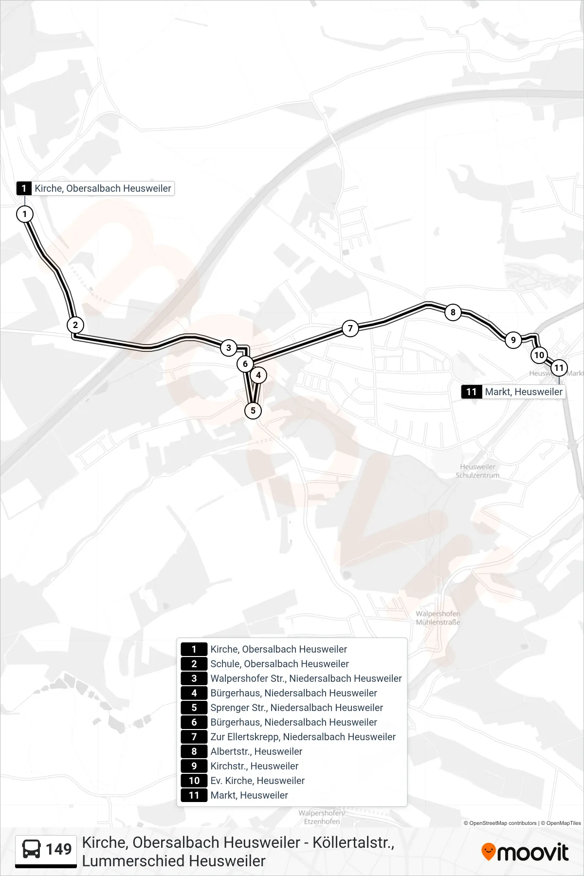 149 bus Line (Markt, Heusweiler) route and stops on a map
