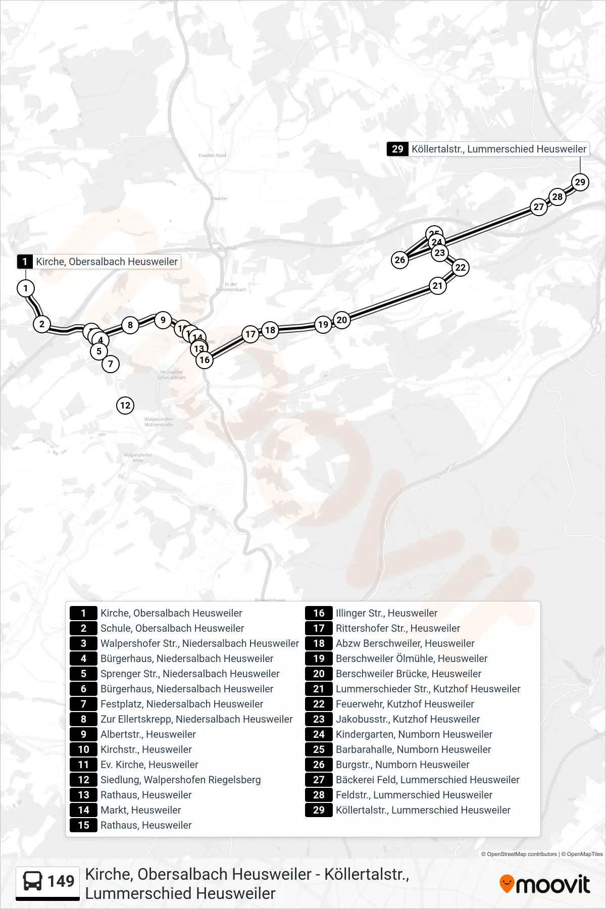 Linie 149 (Bus) Richtung Köllertalstr., Lummerschied Heusweiler: Route und Haltestellen auf der Karte