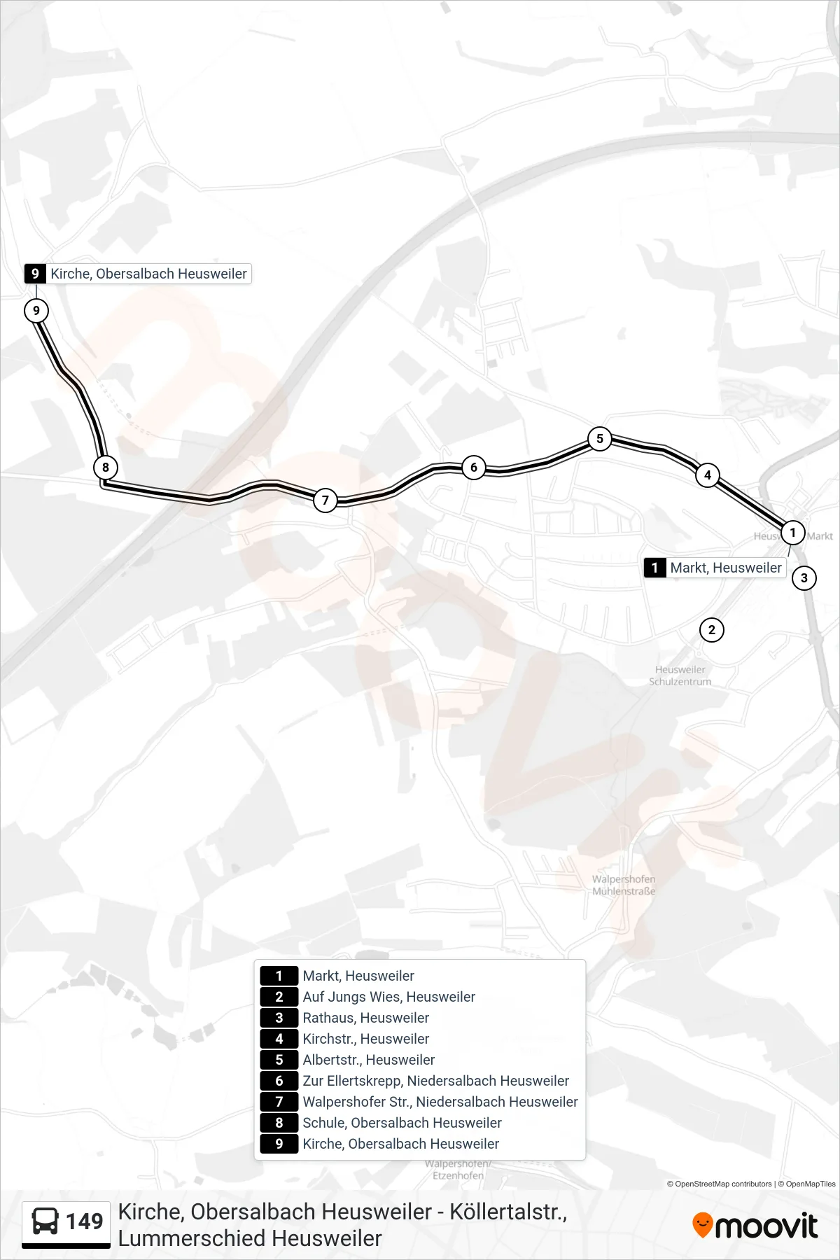 149 bus Line (Salbach) route and stops on a map