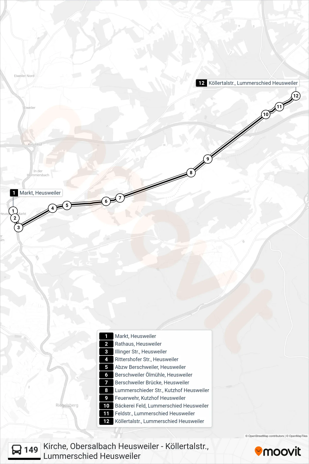 149 bus Line (Salbach) route and stops on a map