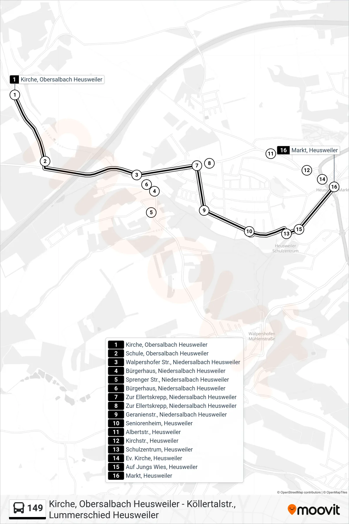 149 bus Line (Heusweiler Markt) route and stops on a map