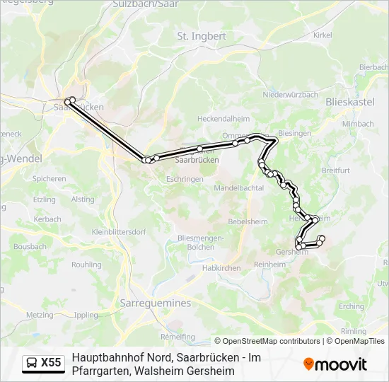 Автобус X55: карта маршрута