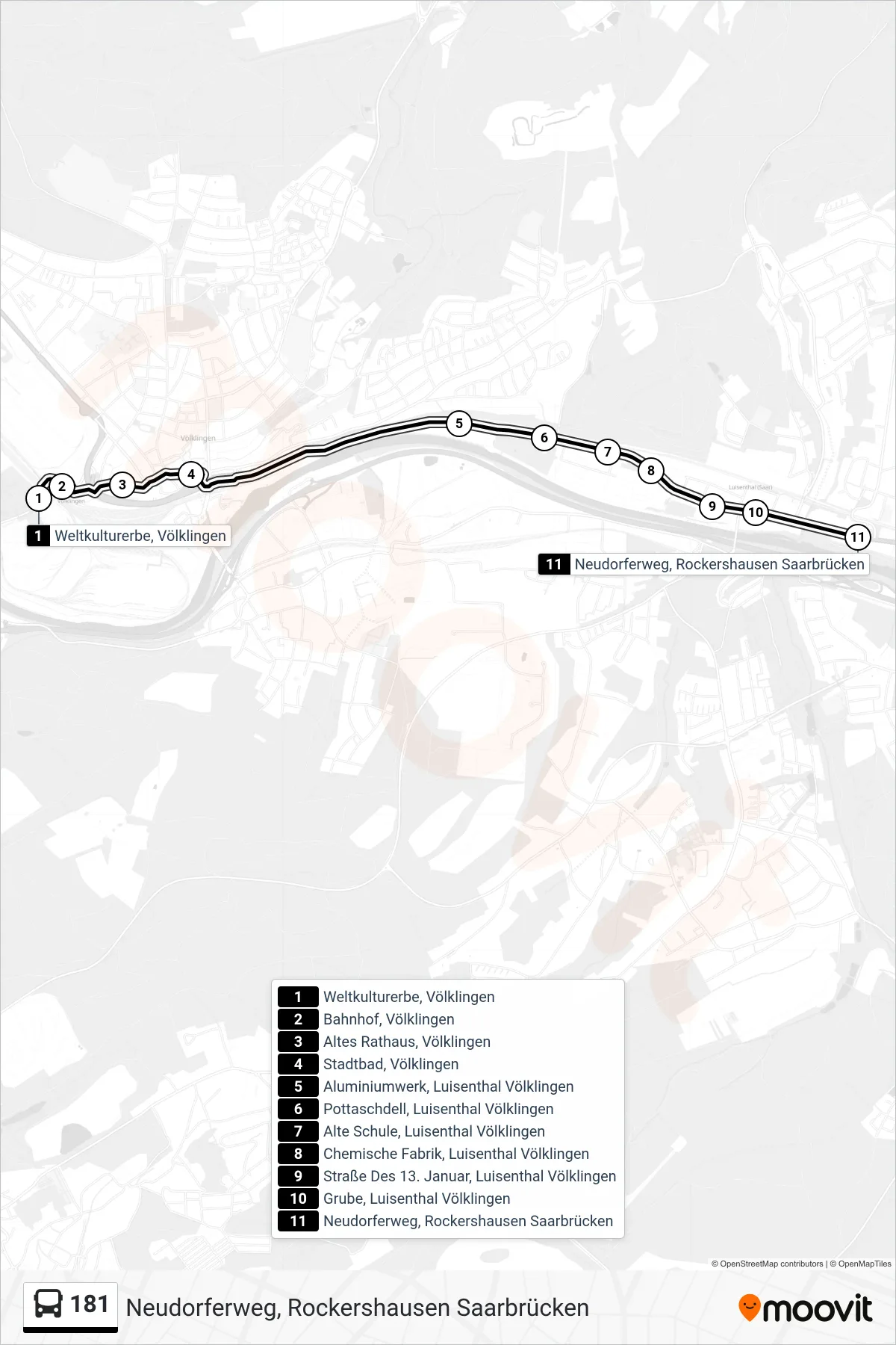 181 bus Line (Neudorferweg, Rockershausen Saarbrücken) route and stops on a map