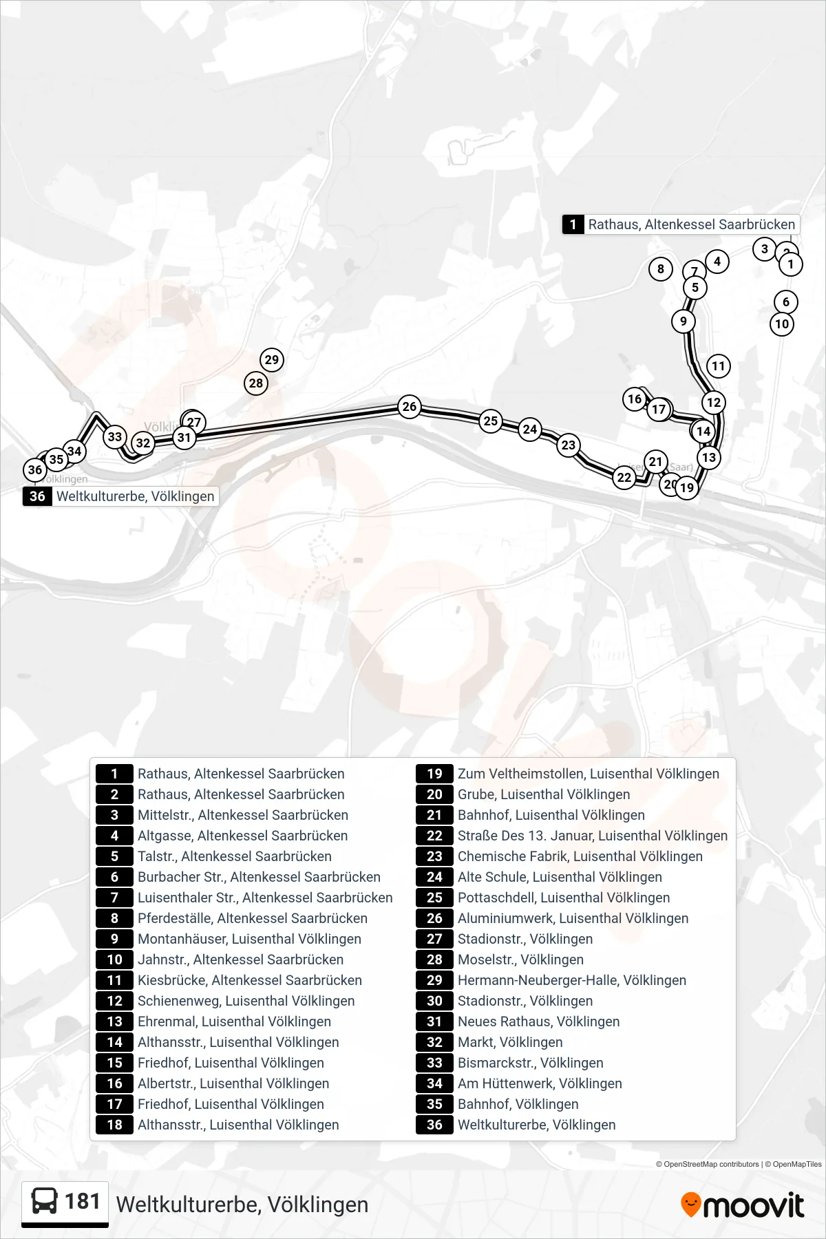 181 bus Line (Weltkulturerbe, Völklingen) route and stops on a map