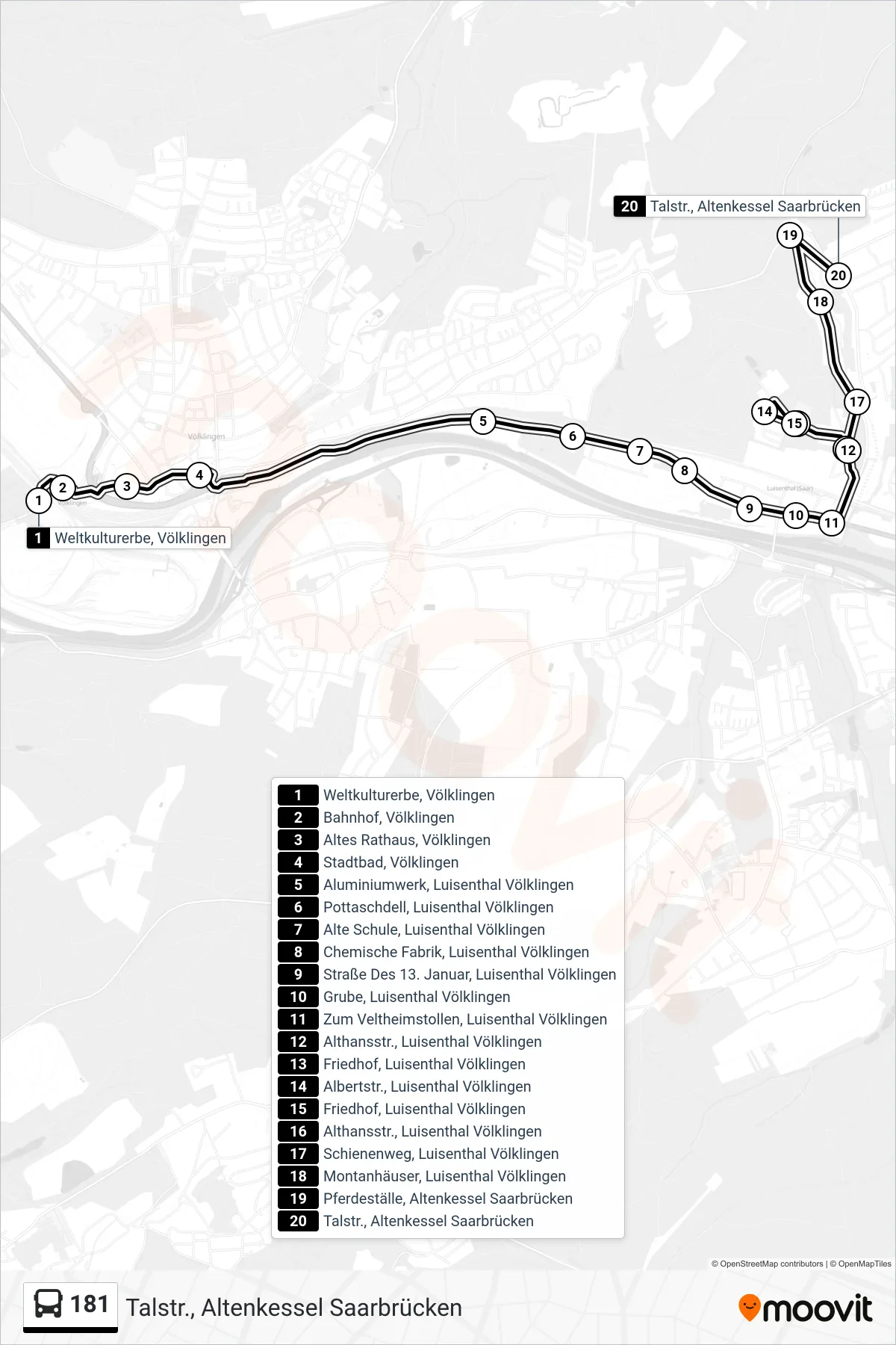 181 bus Line (Talstr., Altenkessel Saarbrücken) route and stops on a map
