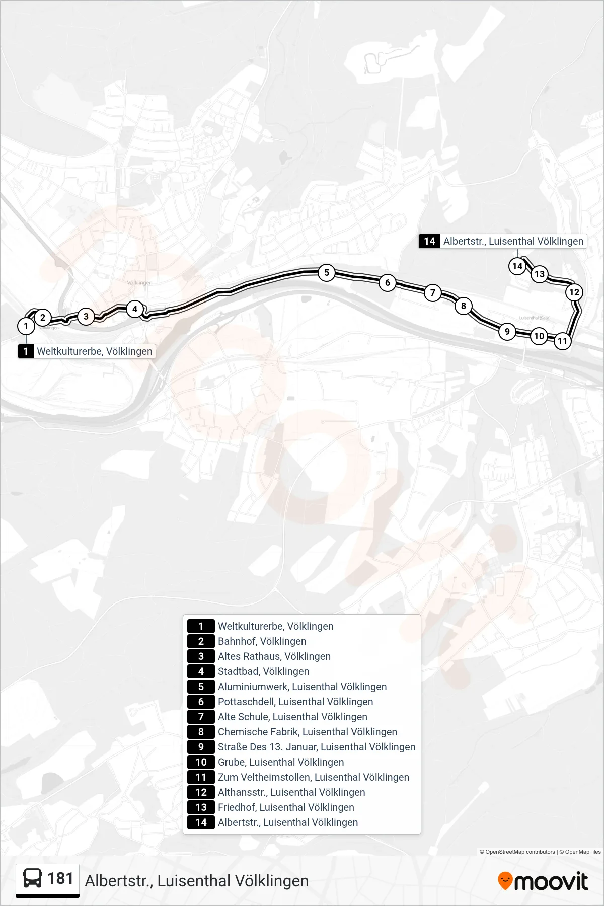 181 bus Line (Albertstr., Luisenthal Völklingen) route and stops on a map
