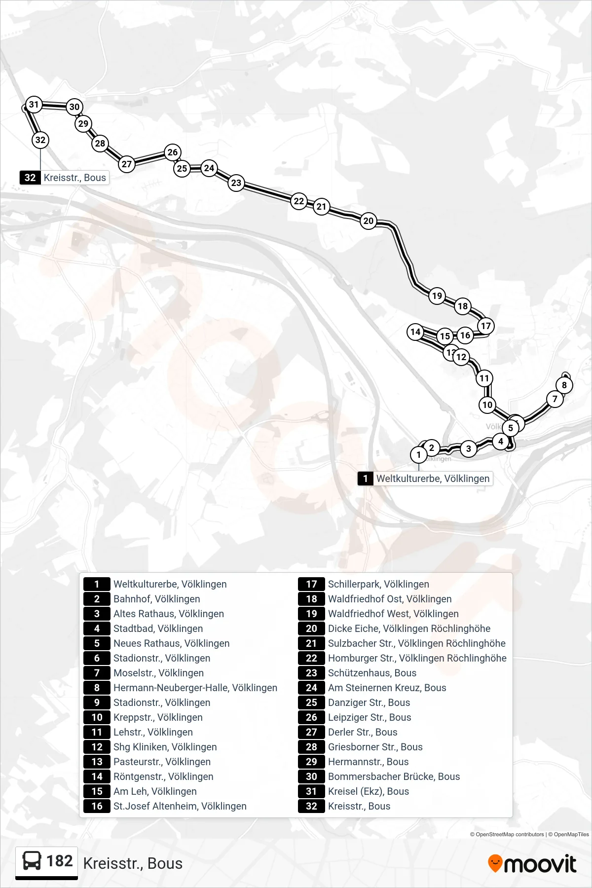 182 bus Line (Kreisstr., Bous) route and stops on a map