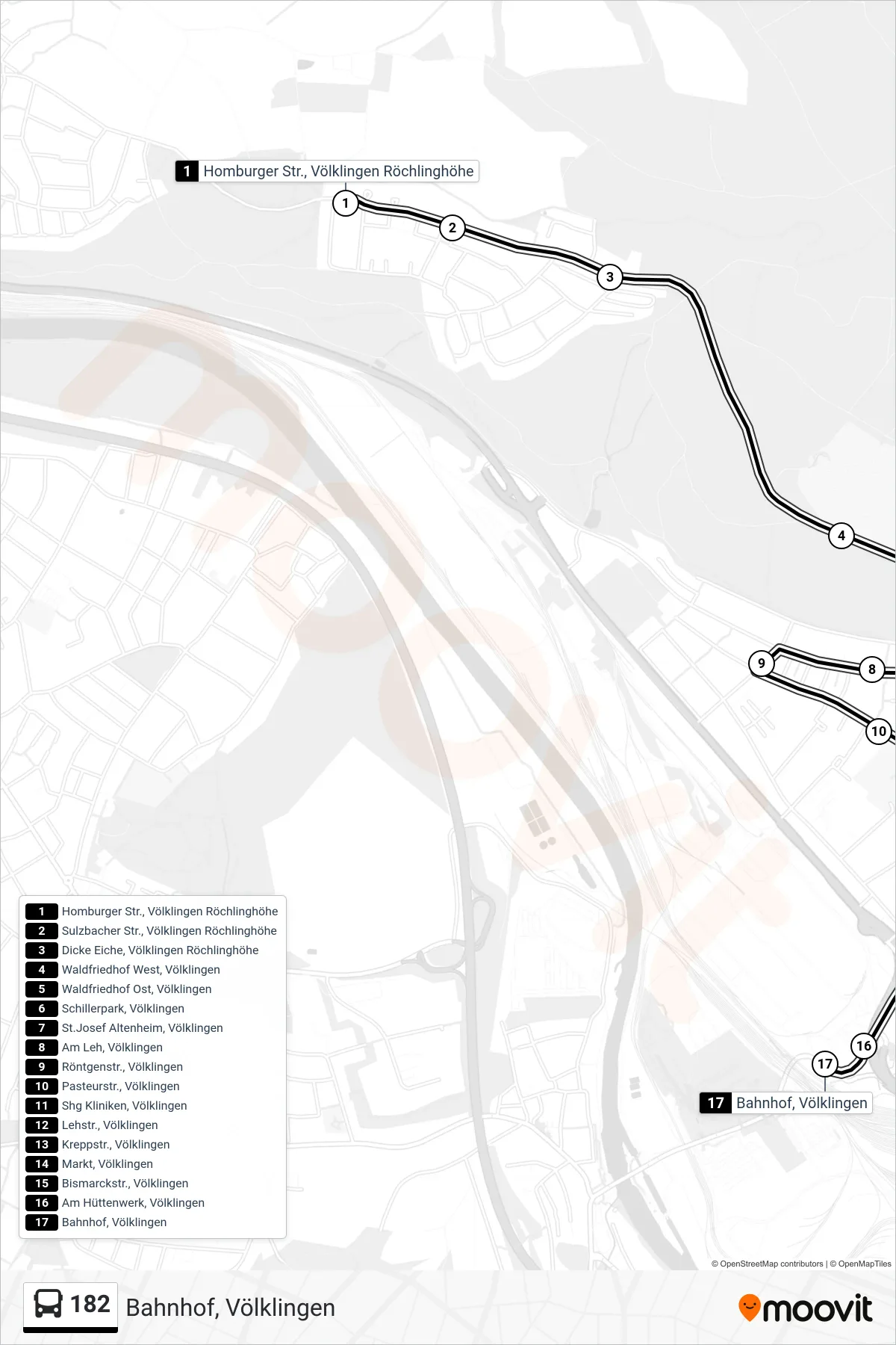 182 bus Line (Bahnhof, Völklingen) route and stops on a map