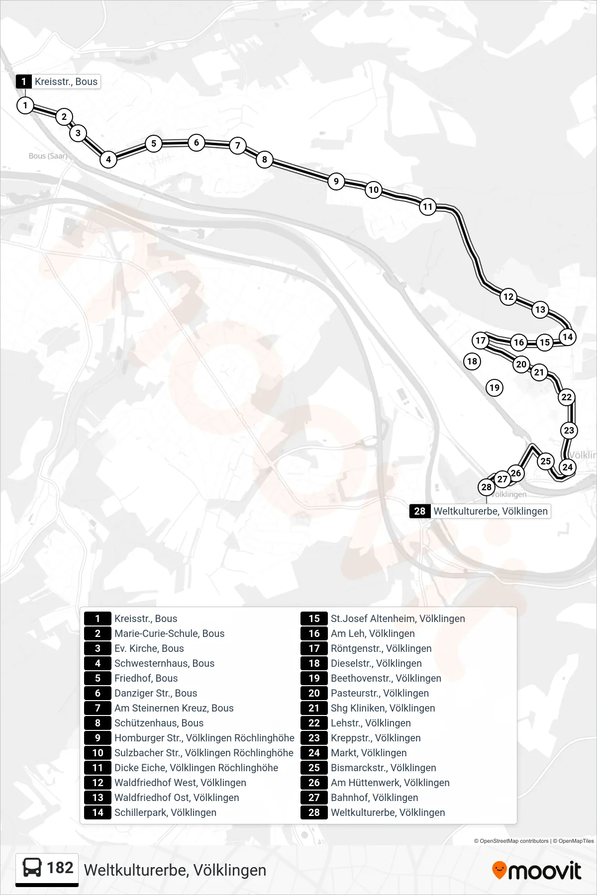 182 bus Line (Weltkulturerbe, Völklingen) route and stops on a map