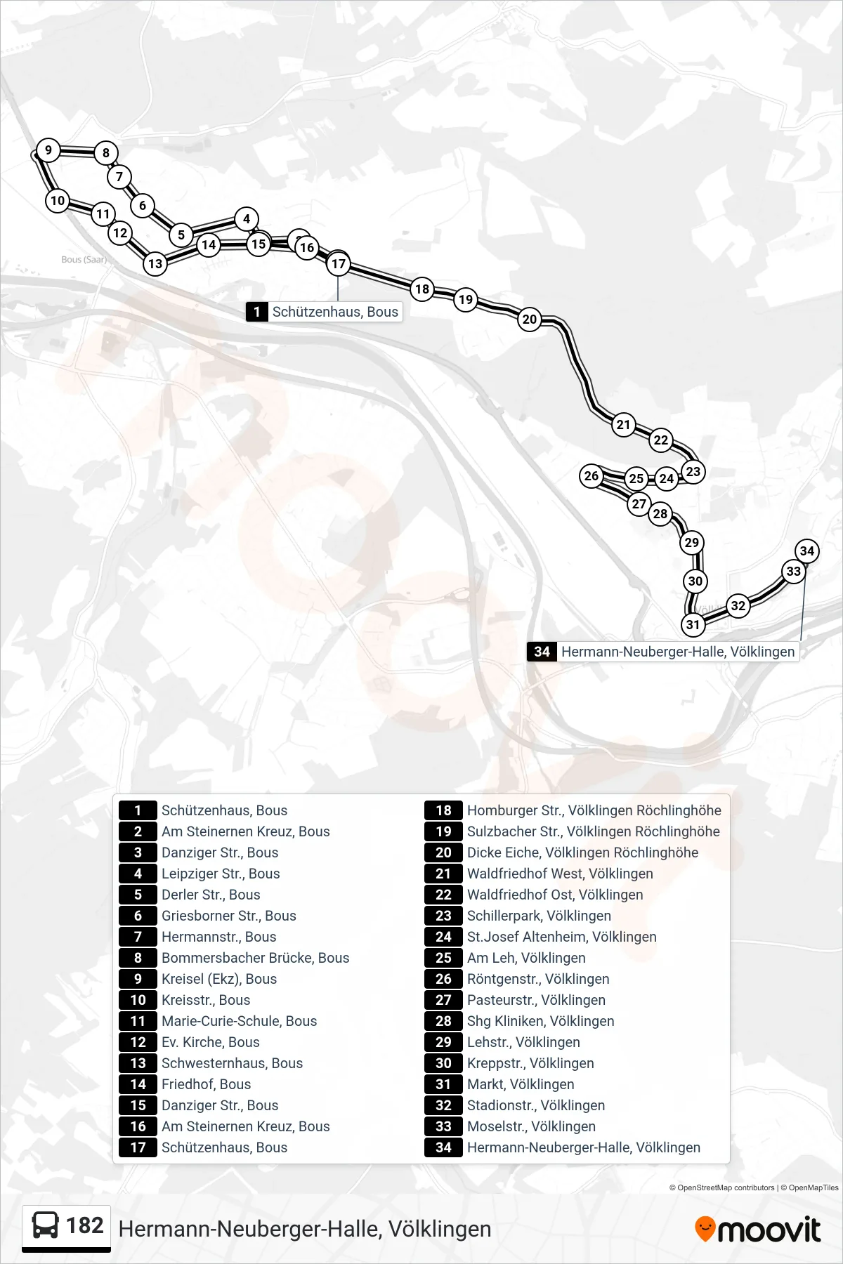 182 bus Line (Hermann-Neuberger-Halle, Völklingen) route and stops on a map