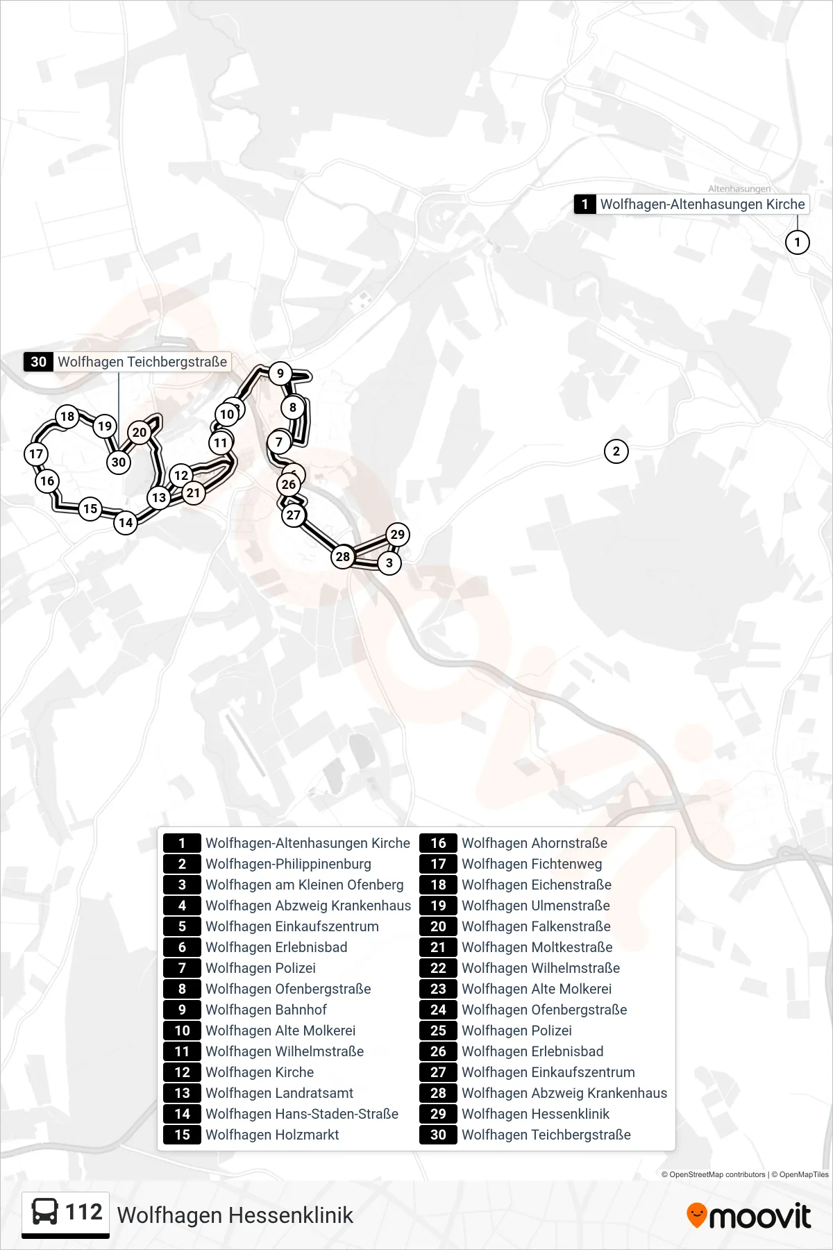 112 bus Line (Wolfhagen Hessenklinik) route and stops on a map