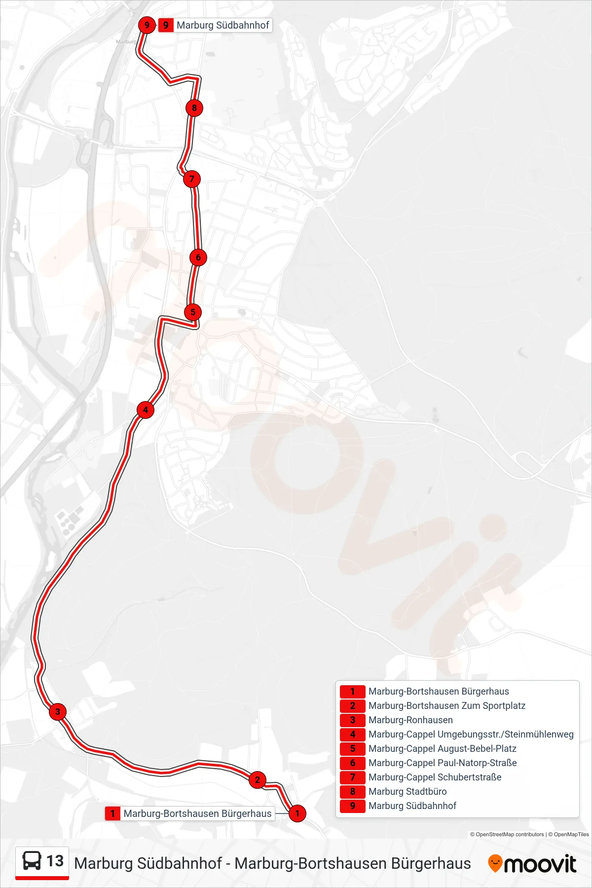 Linie 13 (Bus) Richtung Marburg Südbahnhof: Route und Haltestellen auf der Karte