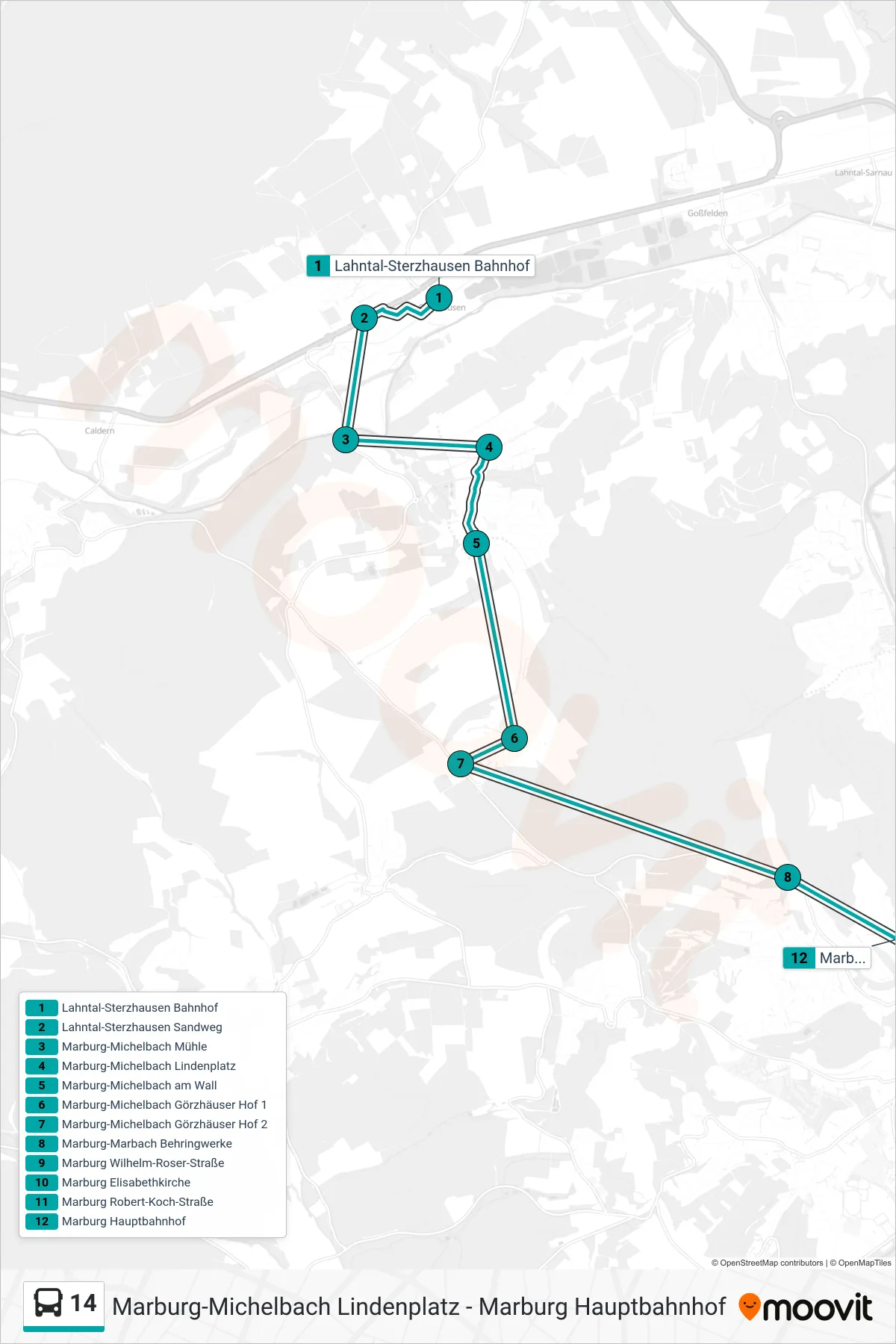 14 bus Line (Expressbus Hauptbahnhof) route and stops on a map