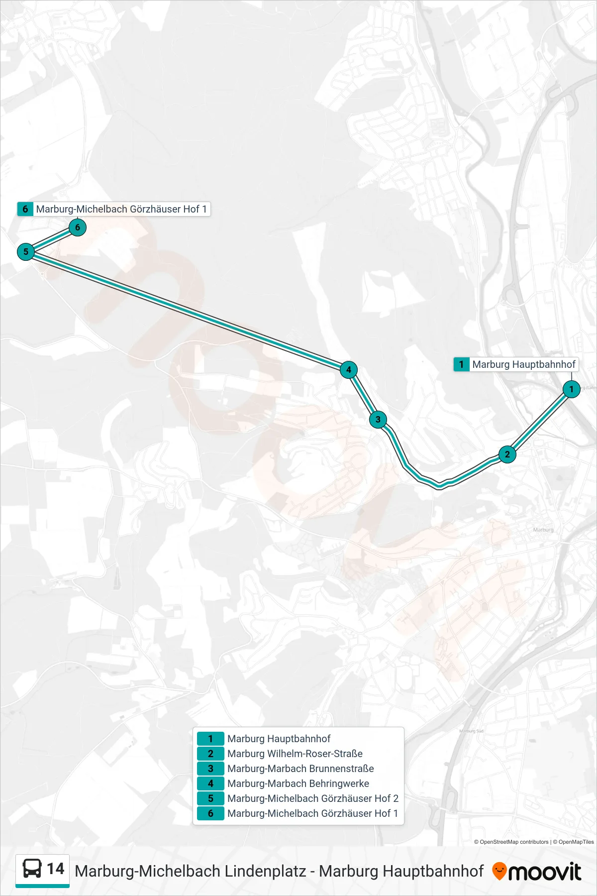 14 bus Line (Marburg-Michelbach Görzhäuser Hof 1) route and stops on a map