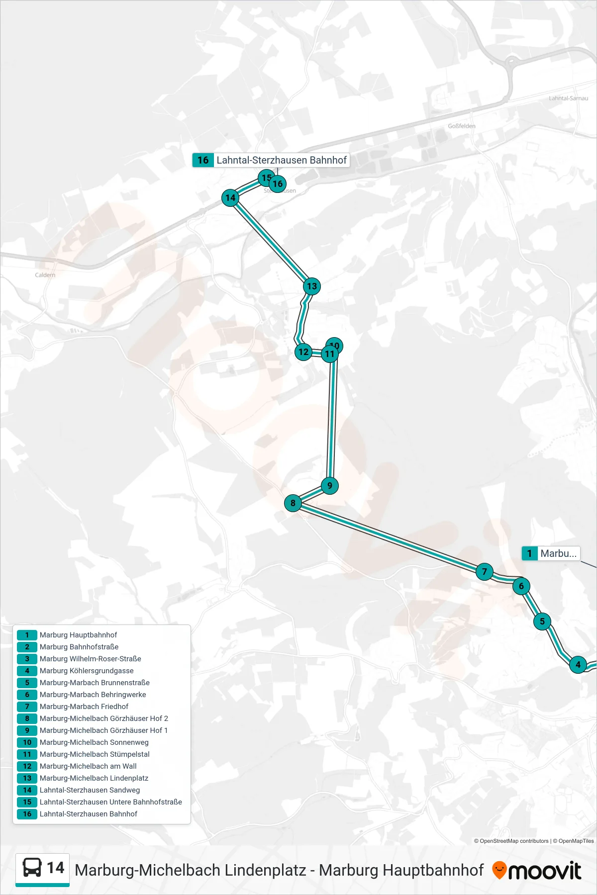 Linie 14 (Bus) Richtung Lahntal-Sterzhausen Bahnhof: Route und Haltestellen auf der Karte