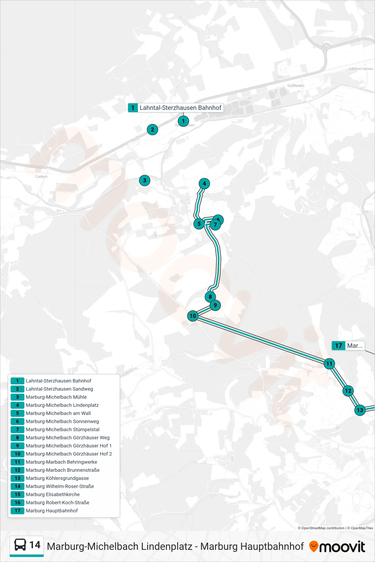 14 bus Line (Hauptbahnhof) route and stops on a map
