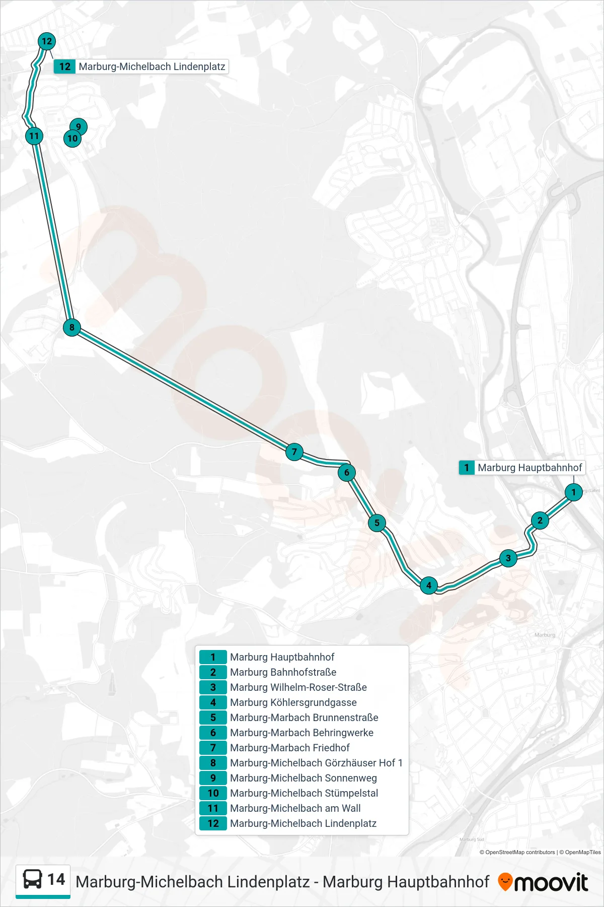 14 bus Line (Marburg-Michelbach Lindenplatz) route and stops on a map