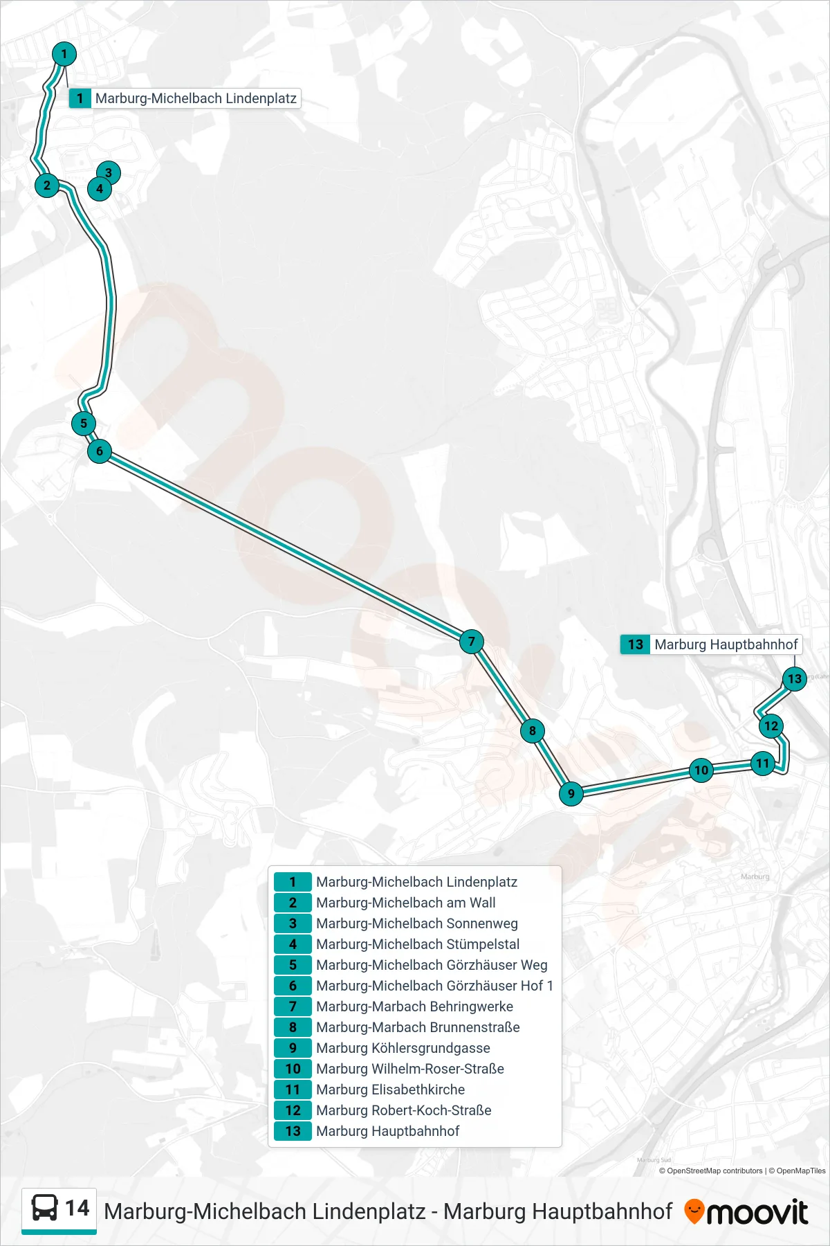 14 bus Line (Marburg Hauptbahnhof) route and stops on a map