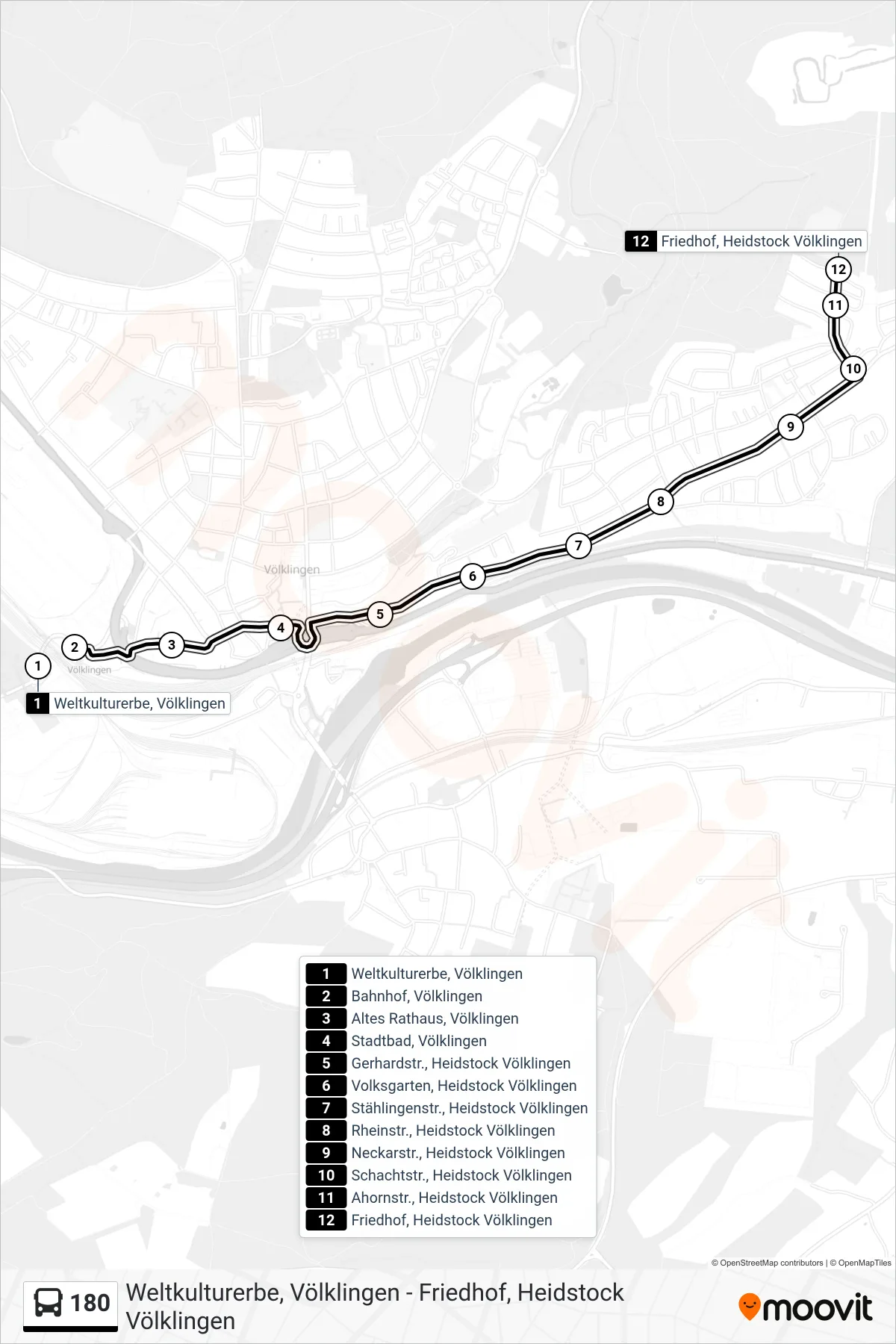 180 bus Line (Friedhof, Heidstock Völklingen) route and stops on a map