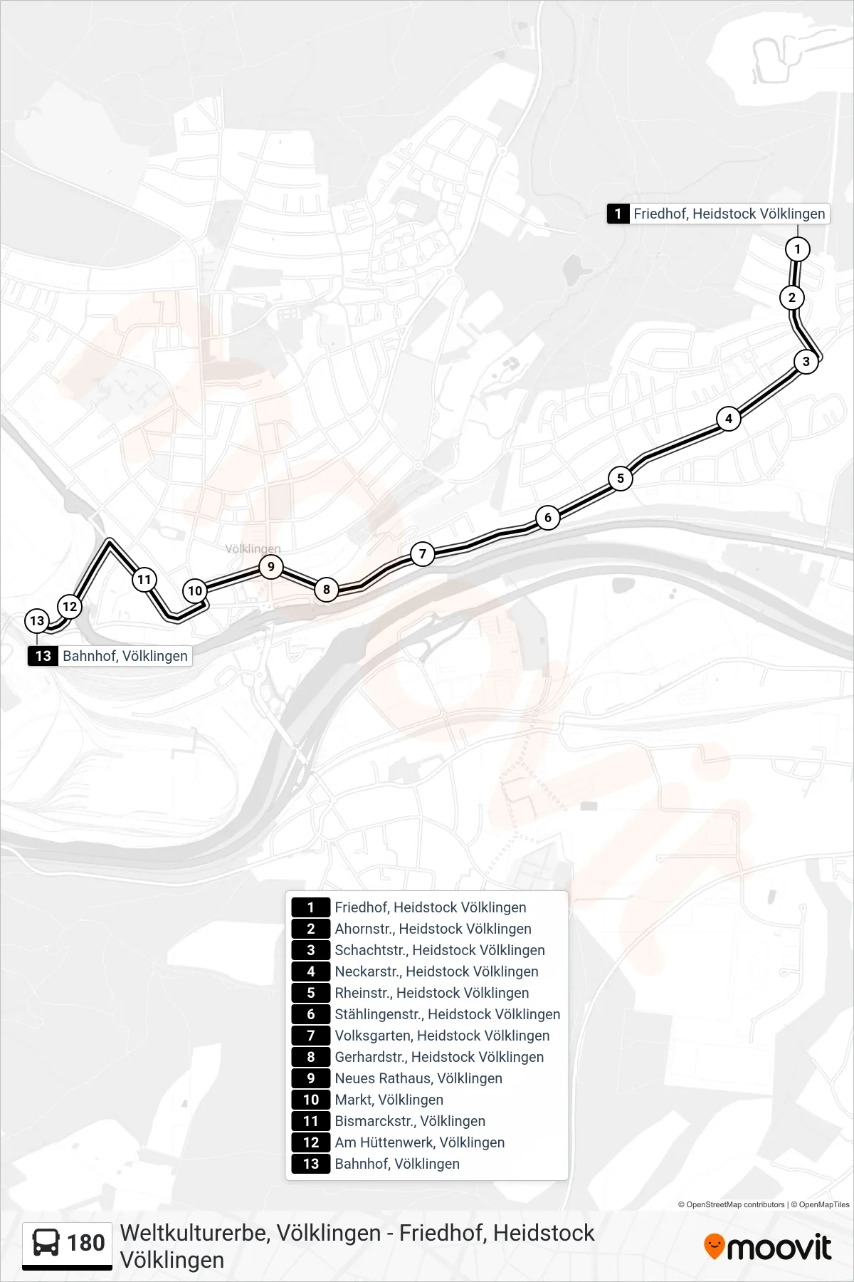 180 bus Line (Bahnhof, Völklingen) route and stops on a map