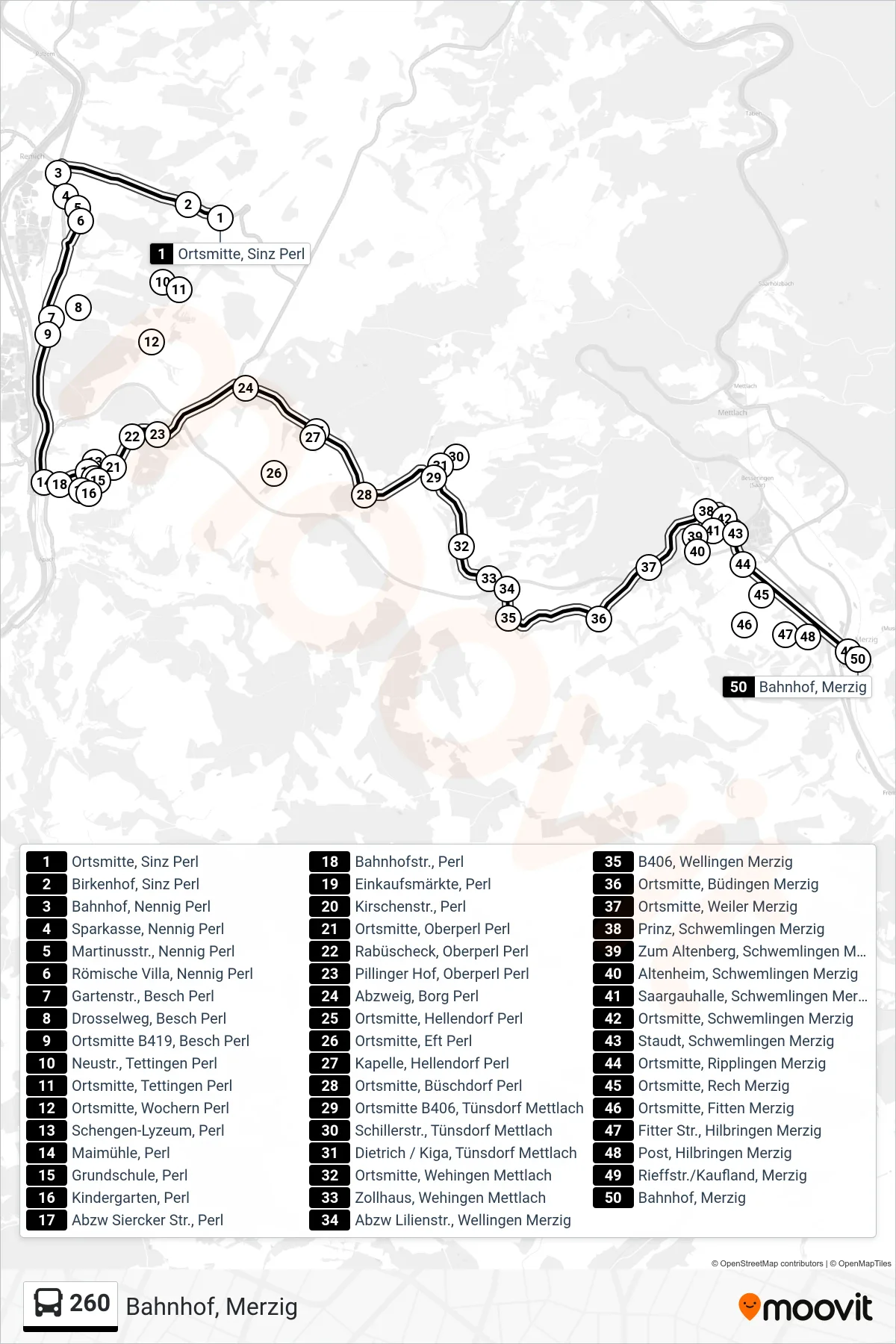 260 bus Line (Bahnhof, Merzig) route and stops on a map