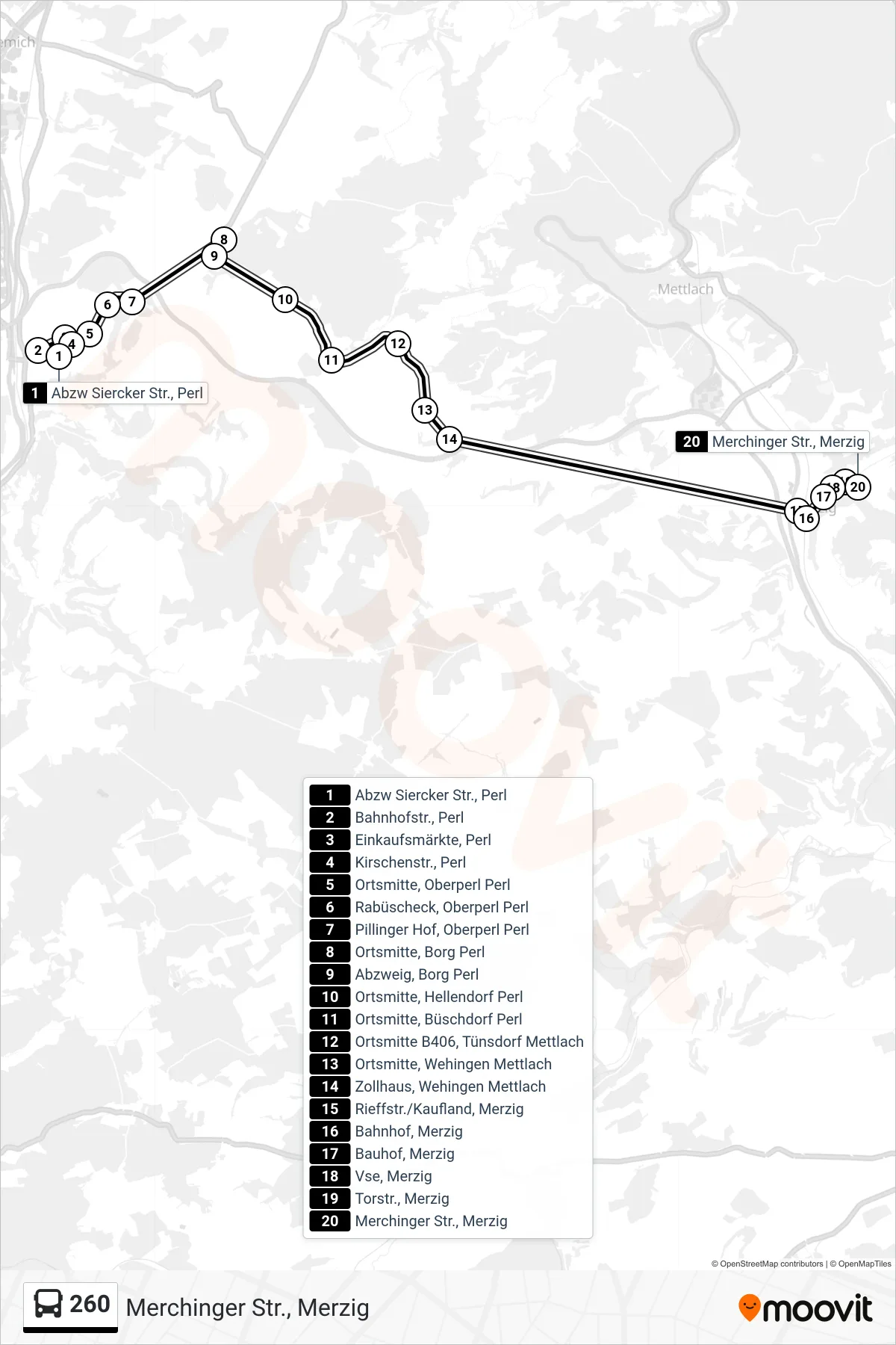 260 bus Line (Merchinger Str., Merzig) route and stops on a map