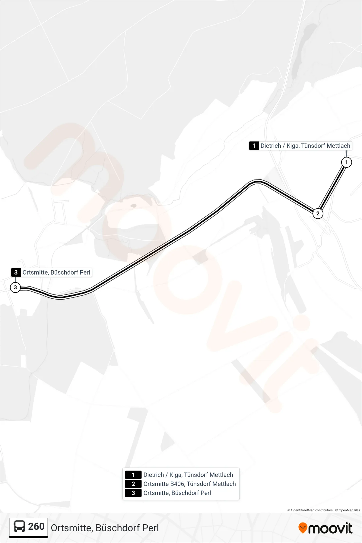 260 bus Line (Ortsmitte, Büschdorf Perl) route and stops on a map