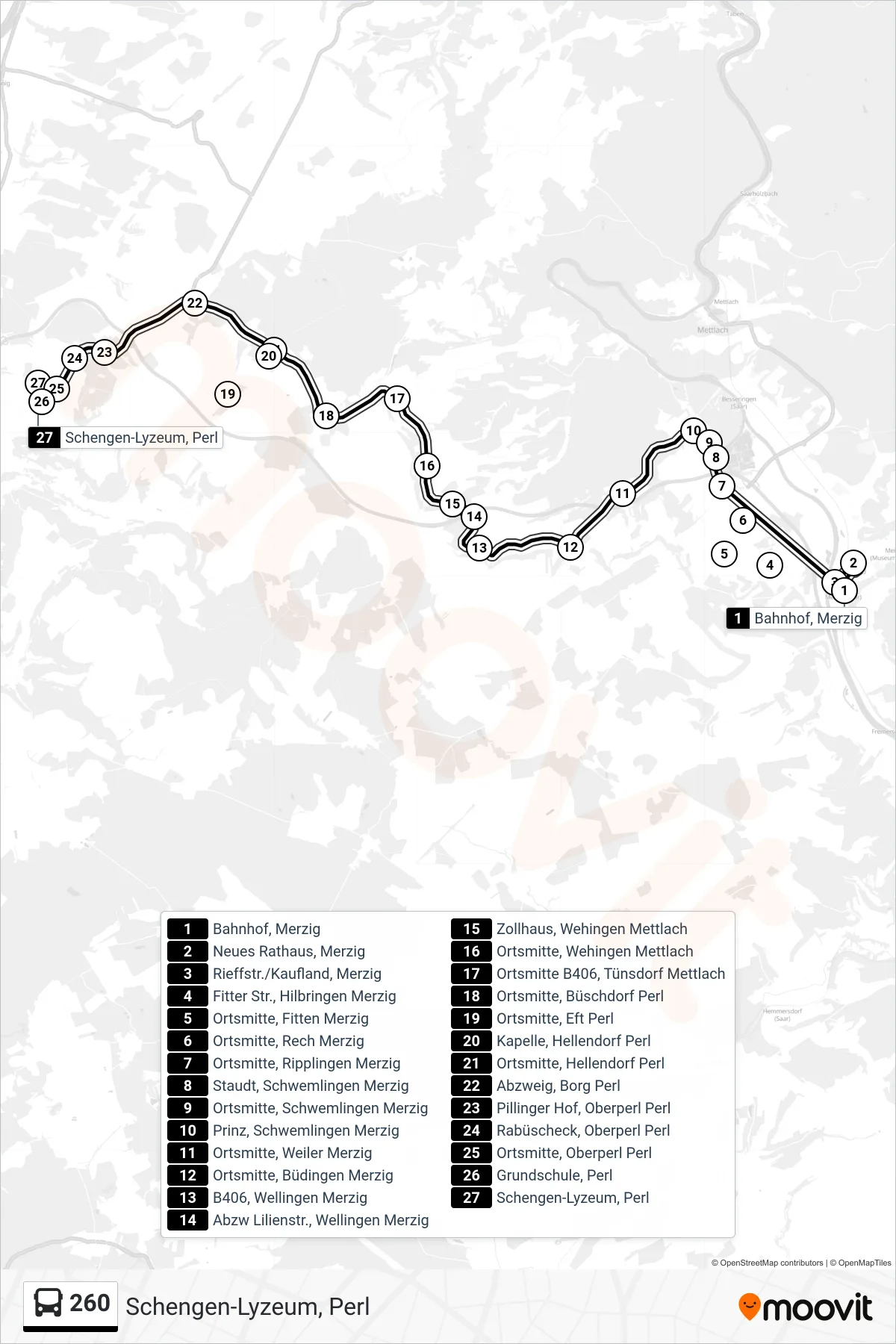 260 bus Line (Schengen-Lyzeum, Perl) route and stops on a map