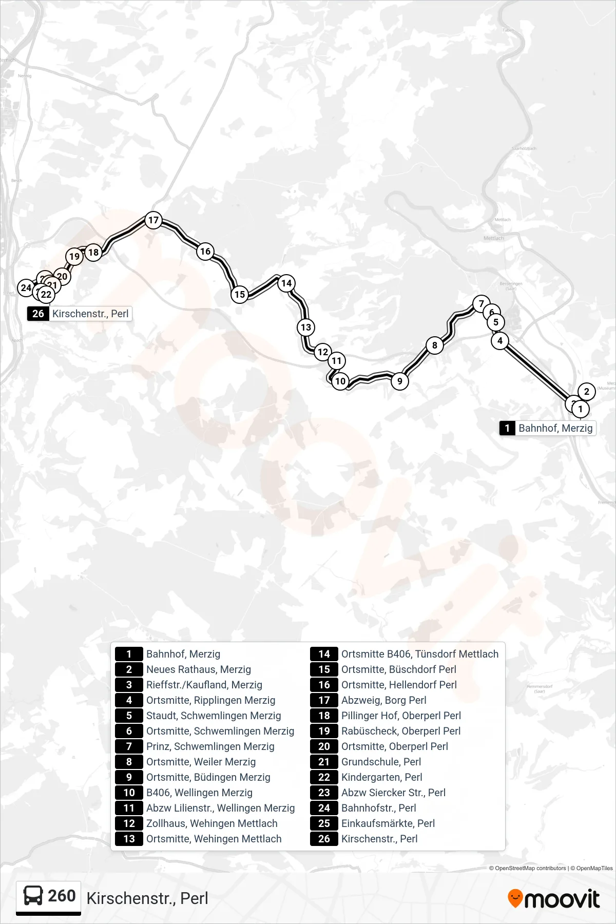 260 bus Line (Kirschenstr., Perl) route and stops on a map