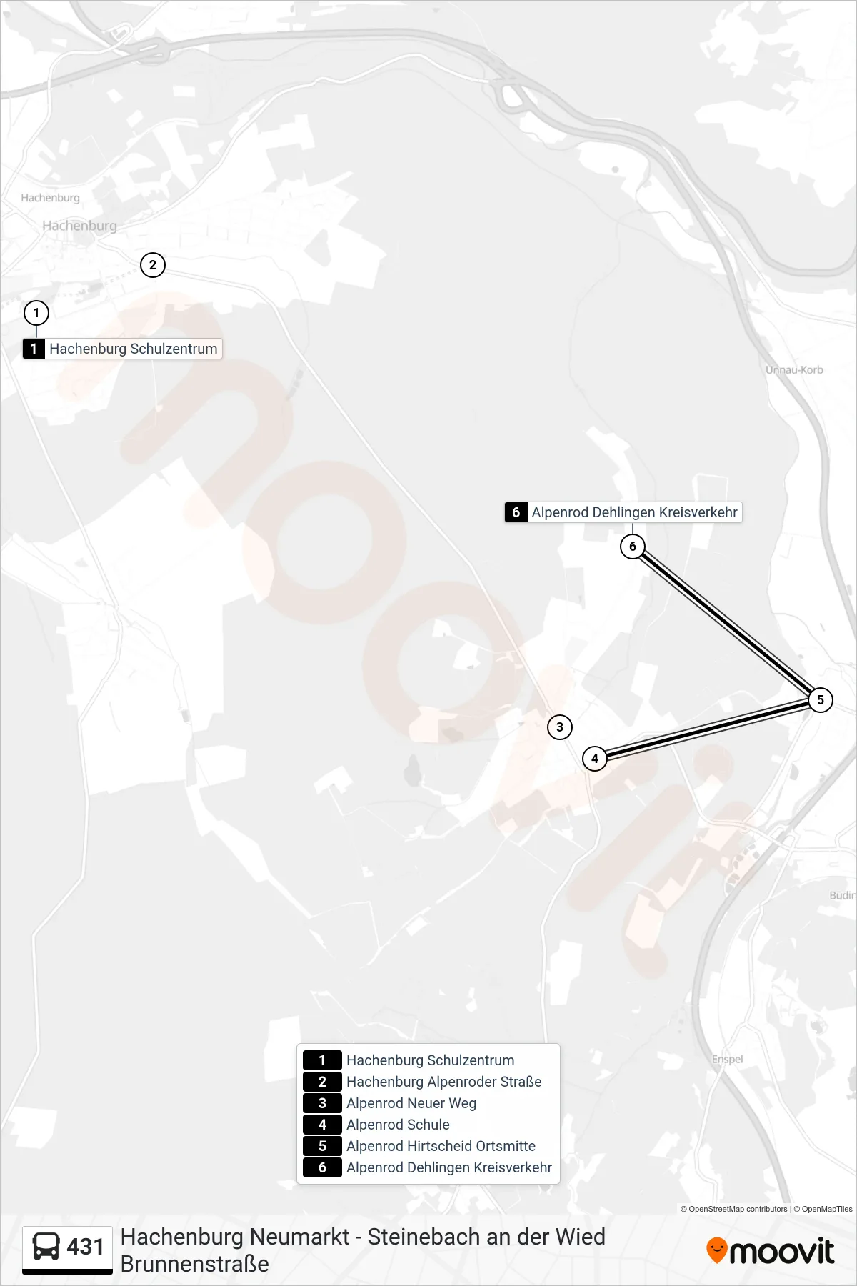 431 bus Line (Alpenrod Dehlingen Kreisverkehr) route and stops on a map
