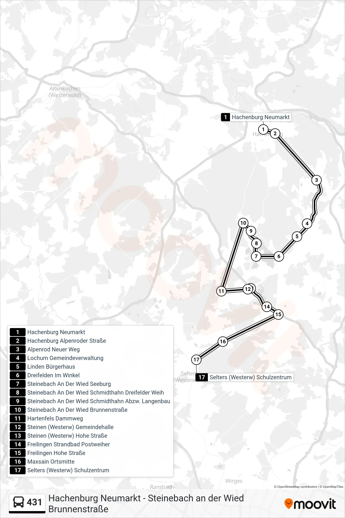 431 bus Line (Selters (Westerw) Schulzentrum) route and stops on a map