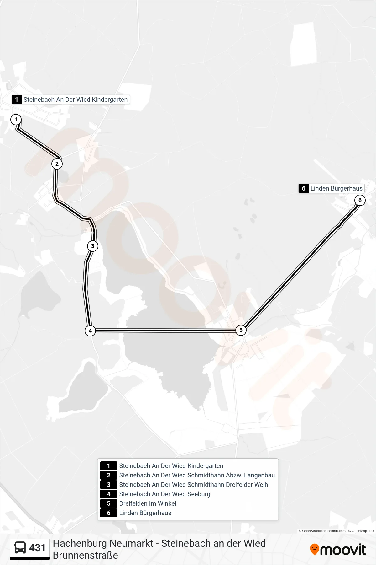 431 bus Line (Linden Bürgerhaus) route and stops on a map