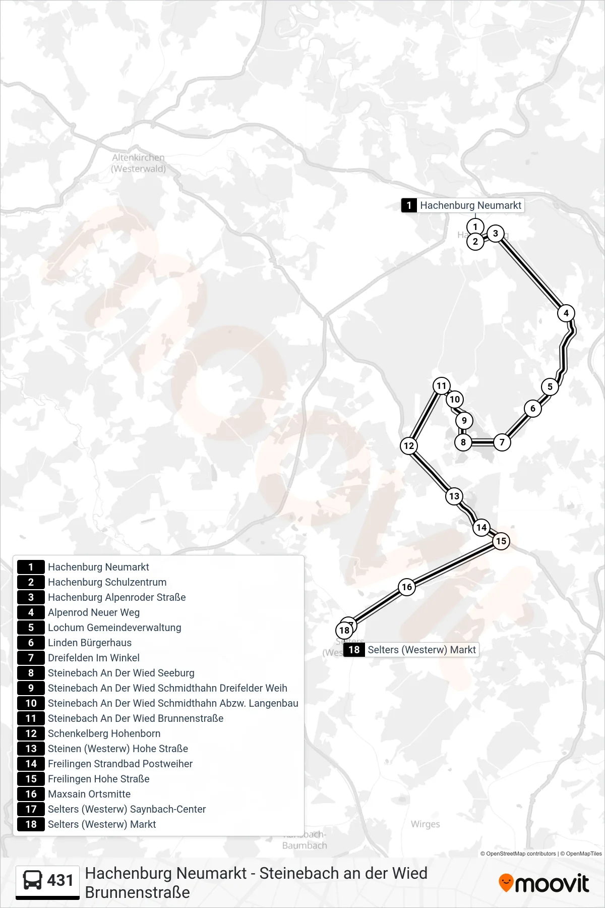 431 bus Line (Selters (Westerw) Markt) route and stops on a map