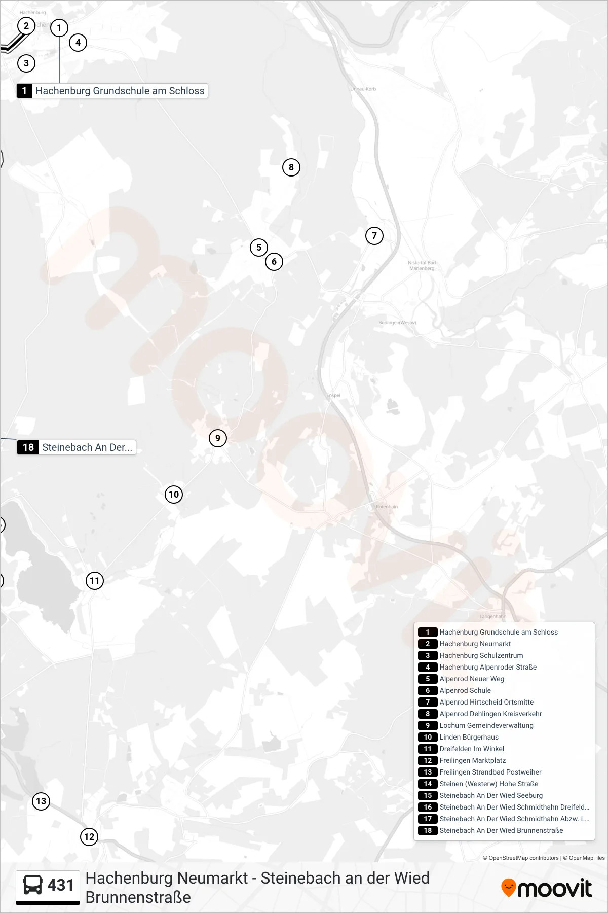 431 bus Line (Steinebach An Der Wied Brunnenstraße) route and stops on a map