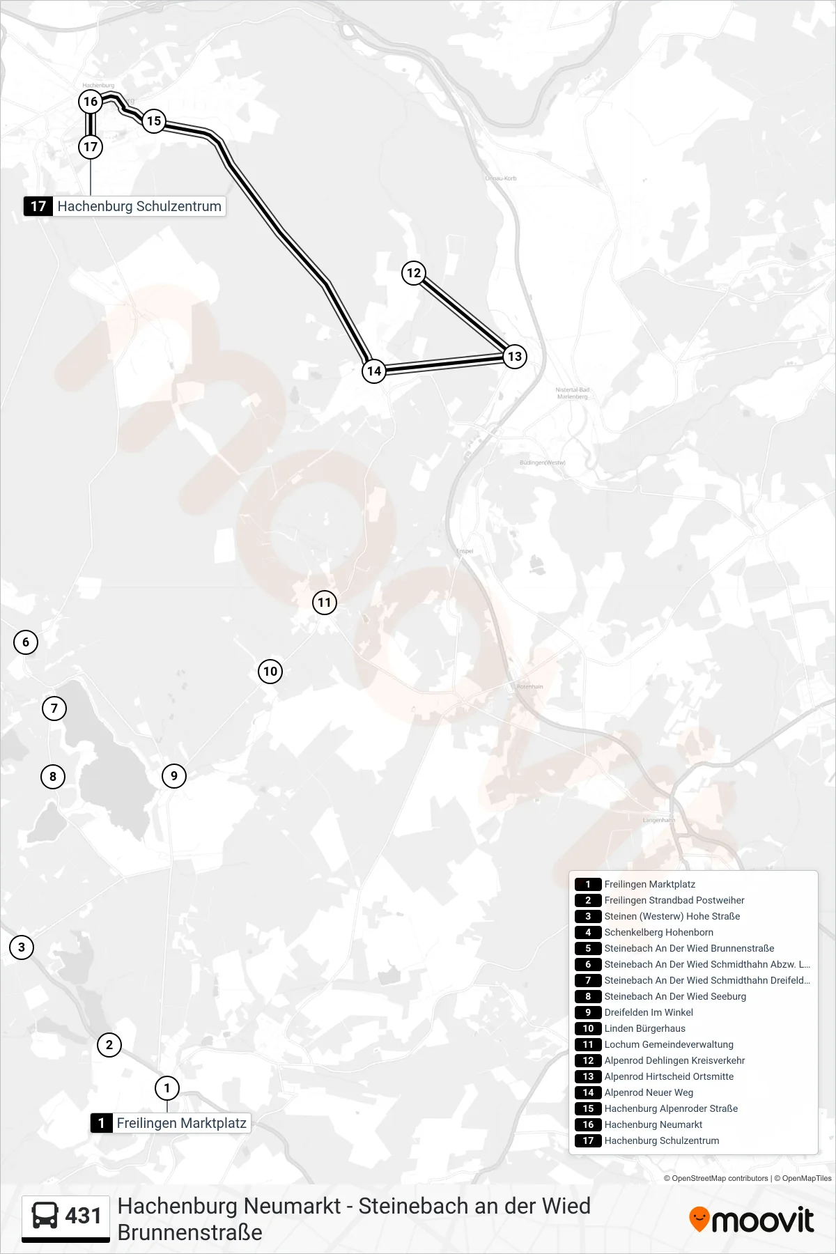 431 bus Line (Hachenburg Schulzentrum) route and stops on a map