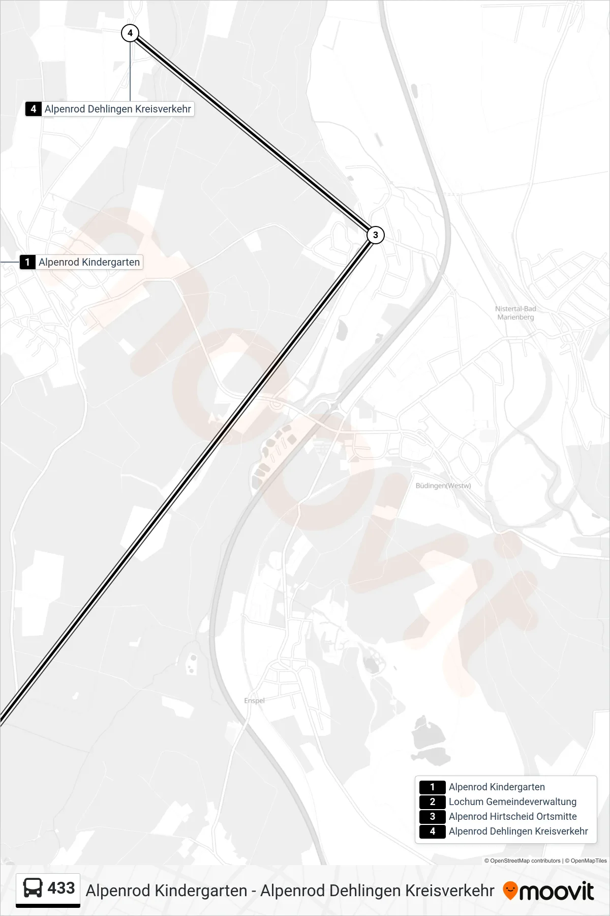 433 bus Line (Alpenrod Dehlingen Kreisverkehr) route and stops on a map